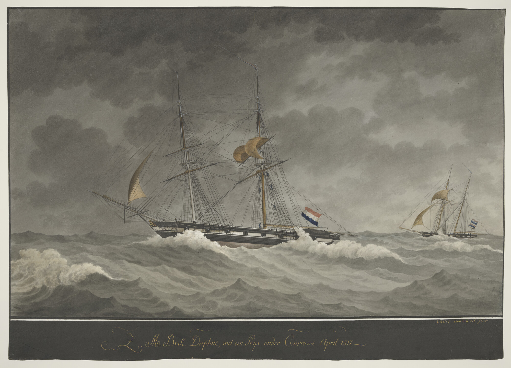 A.0149(0419); De brik Zr.Ms. Daphne met een in beslag genomen schip nabij Curaçao; tekening