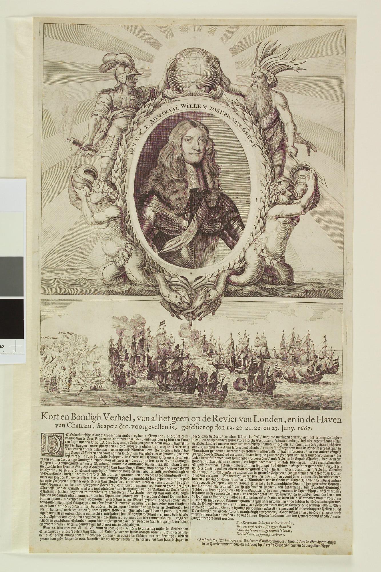 A.2203(04); Portret van Luitenant-Admiraal Willem Joseph van Ghent in cartouche met allegorische figuren; prent