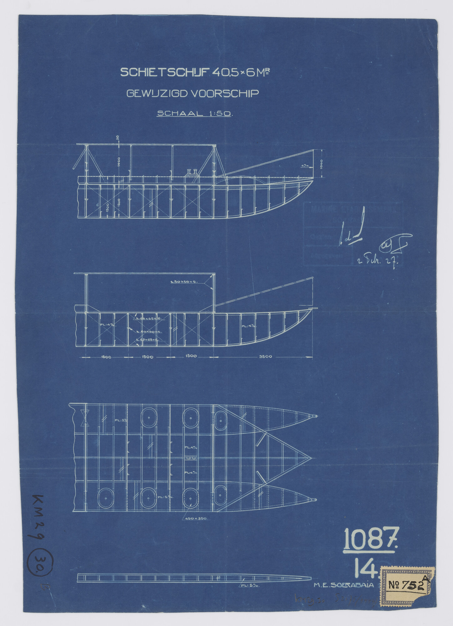 S.2175(4444); Negen schietschijven op catamaran; gewijzigd voorschip; technische tekening