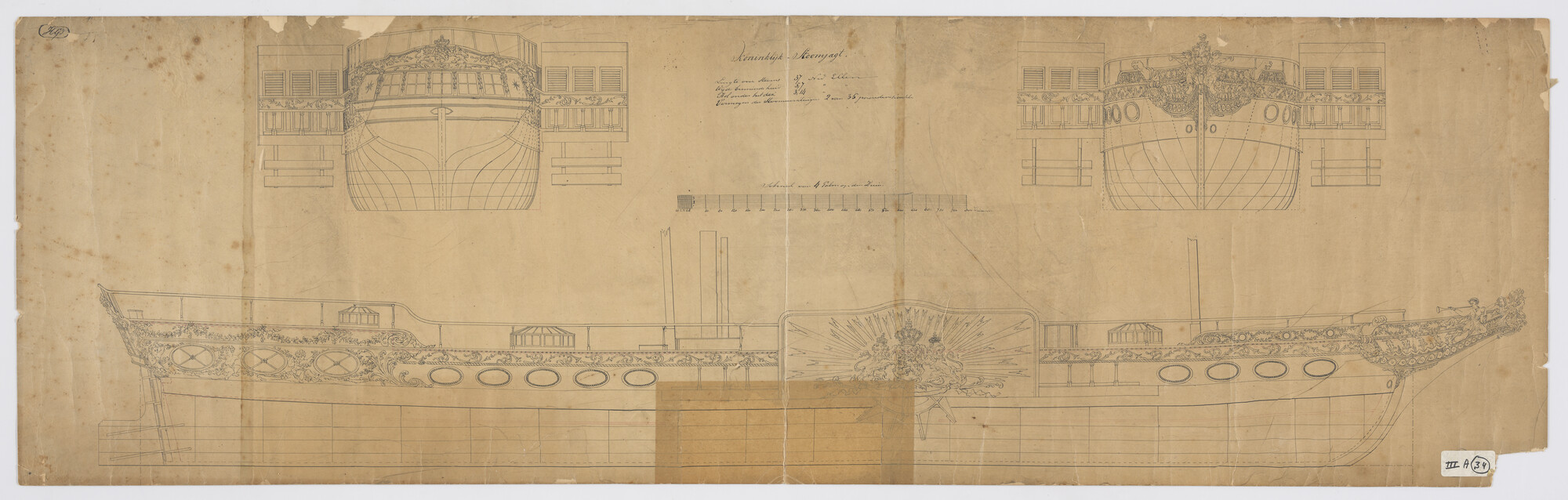 A.0226(04)b; Lijnenplan van  van het koninklijk raderstoomjacht 'De Leeuw' 1826; technische tekening