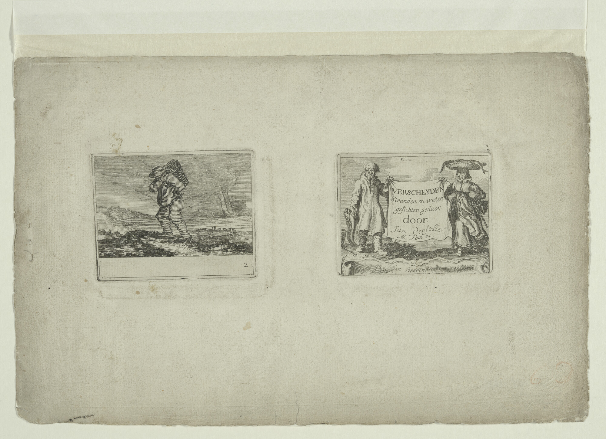 A.0145(167)02; Titelplaat en afbeelding no. 2 van 'Verscheyden Stranden en Watergesichten'; prent