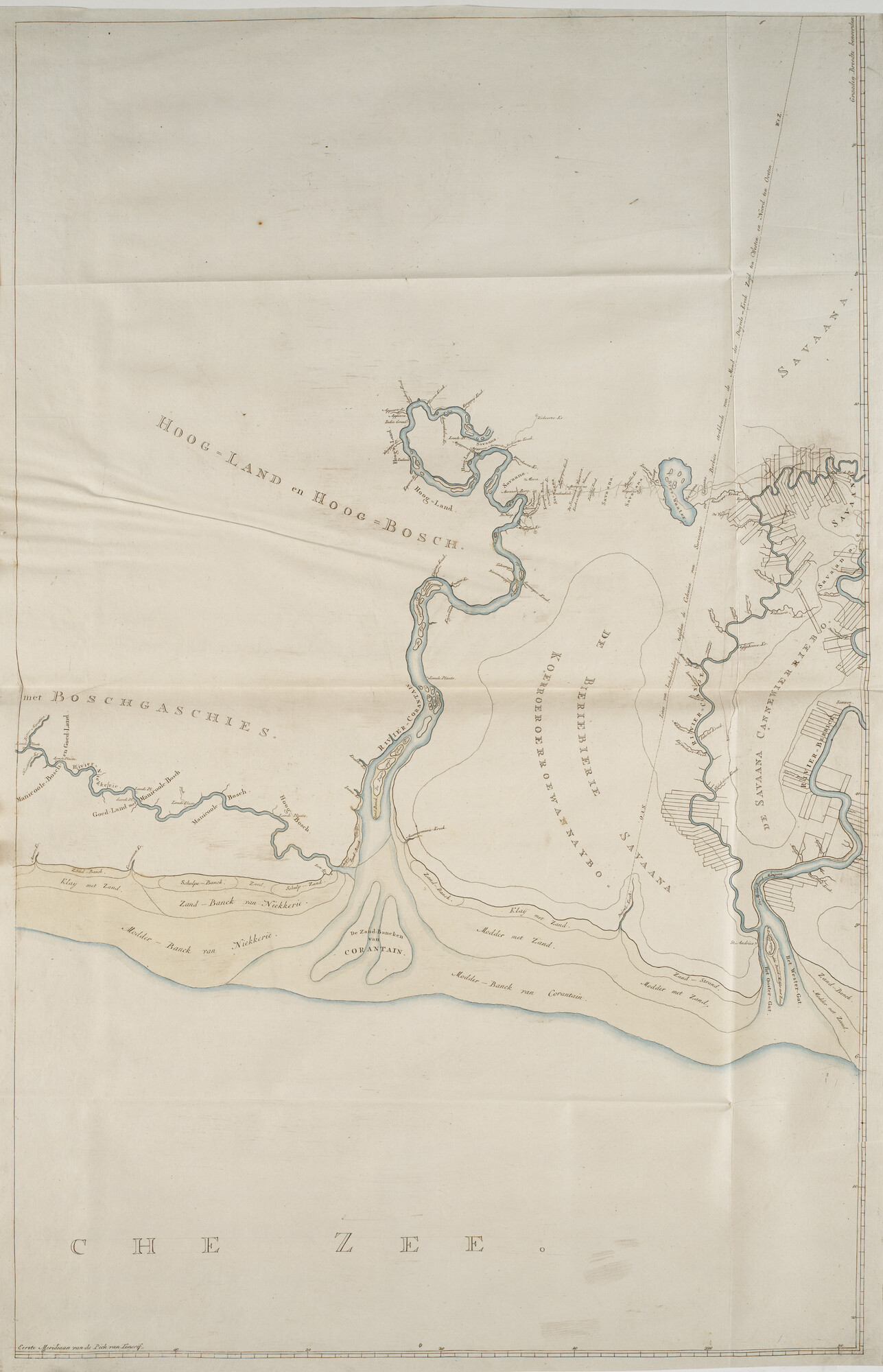 B.0032(109)4 [kaart 014]; Eén blad van een wandkaart van Suriname uitgegeven in acht bladen; kaart