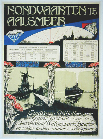 S.6762(08); Dienstregeling van de rondvaarten te Aalsmeer, juni - augustus 1916; affiche