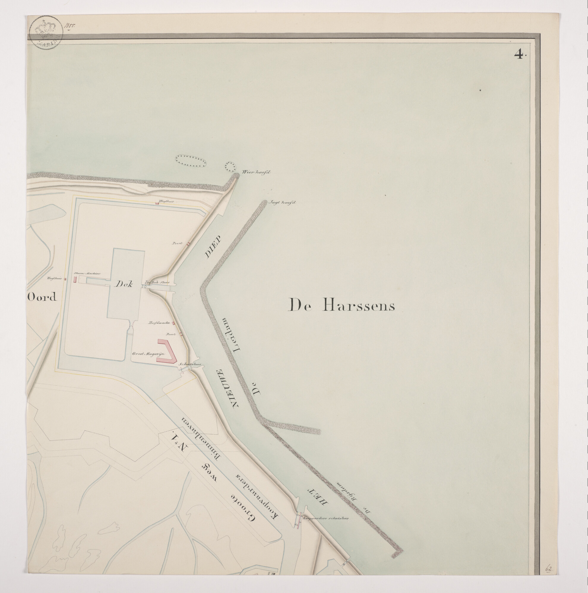 B.0216(0284); Gekleurde kaart in handschrift in 8 bladen van Den Helder, omliggende forten en Willemsoord, met één verzamelblad, In originele met gouden letters bedrukte map; landkaart