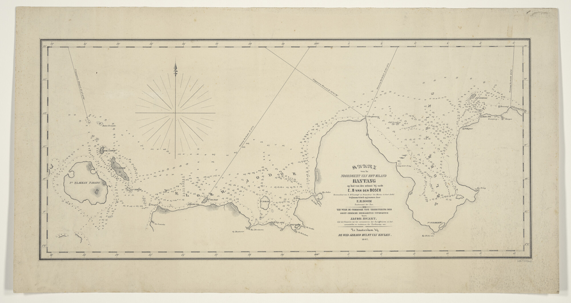 1997.3621; Kaart van de noordkust van Bantang in 1846 opgenomen door E.H. Boom op last van de cdt zeemacht, vanwege de Commissie; zeekaart