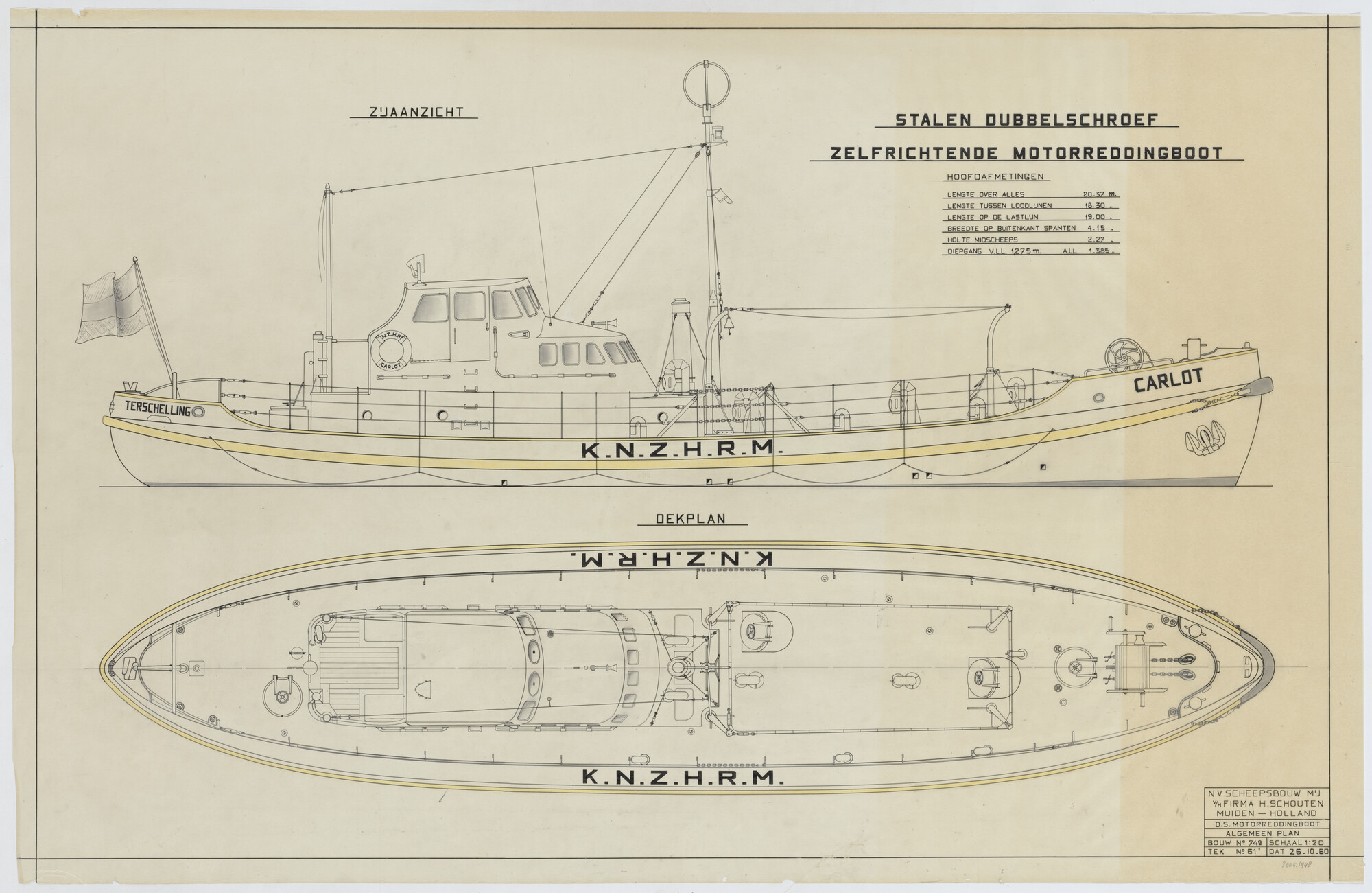 2005.1948; Algemeen plan van de stalen dubbelschroef zelfrichtende motorreddingboot "Carlot"; technische tekening
