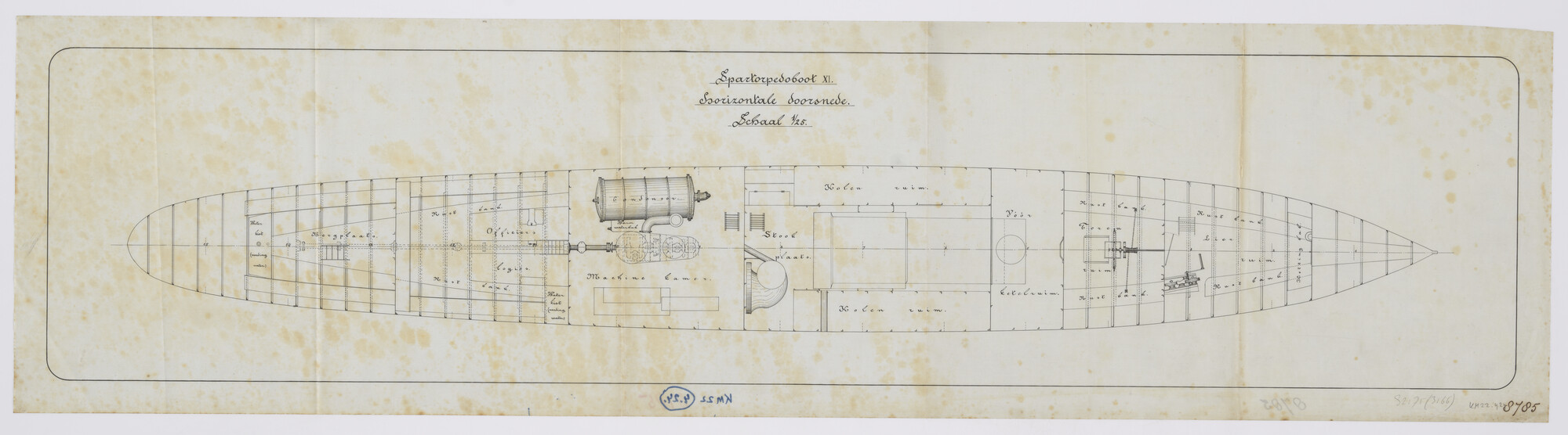 S.2175(3166); Horizontale doorsnede beneden het dek van spartorpedoboot Zr.Ms. 'XI'; technische tekening