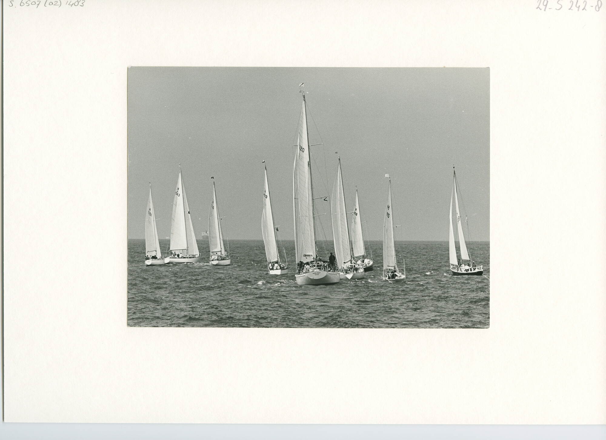 S.6507(02)1483.02; Zwart-wit foto van de start van de Hoek van Holland-Harwich race 1965 met zwakke wind; foto