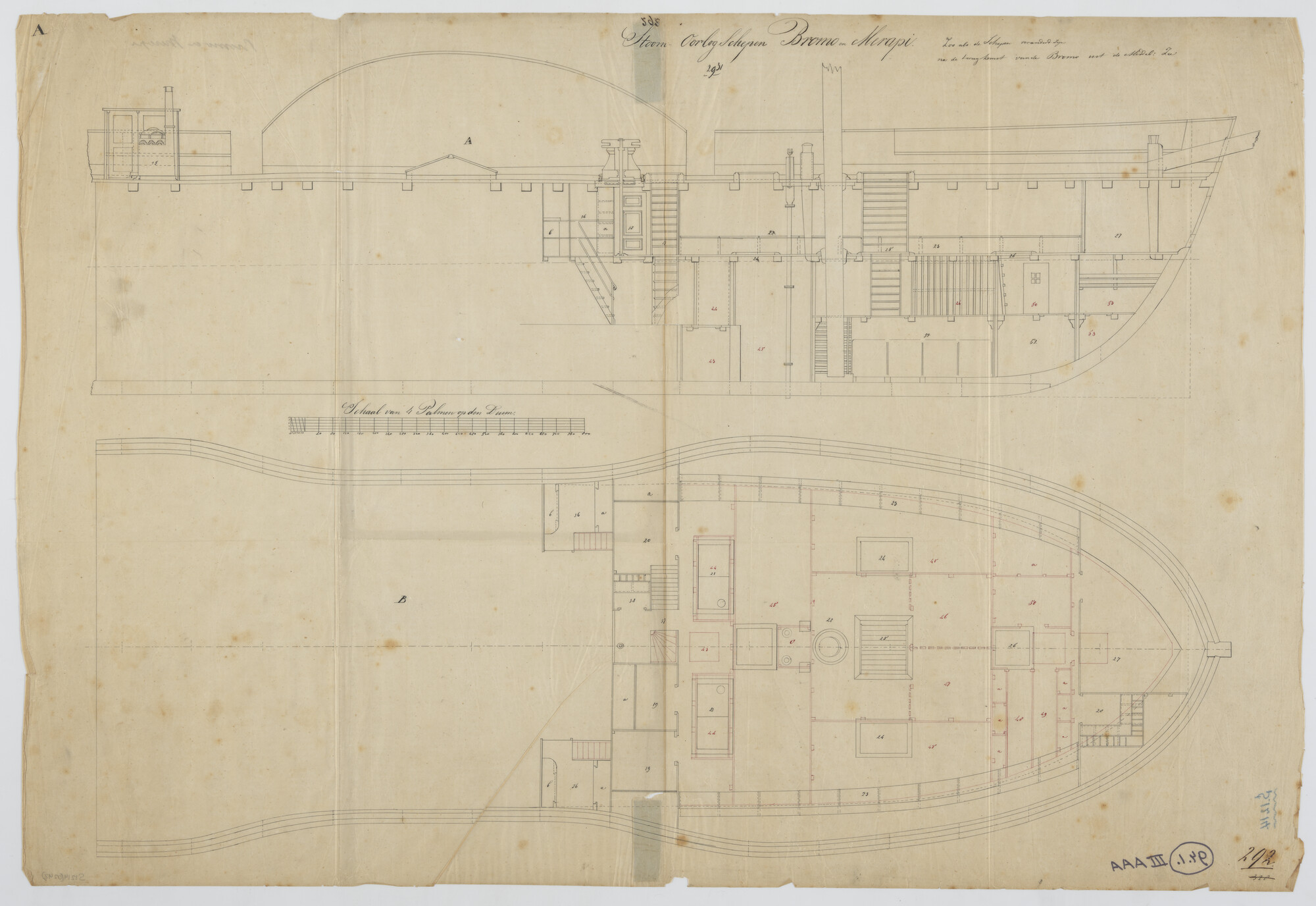 S.1214(0242); Inrichting achterschip van raderstoomschepen Zr.Ms. 'Bromo'en 'Merapi'; technische tekening