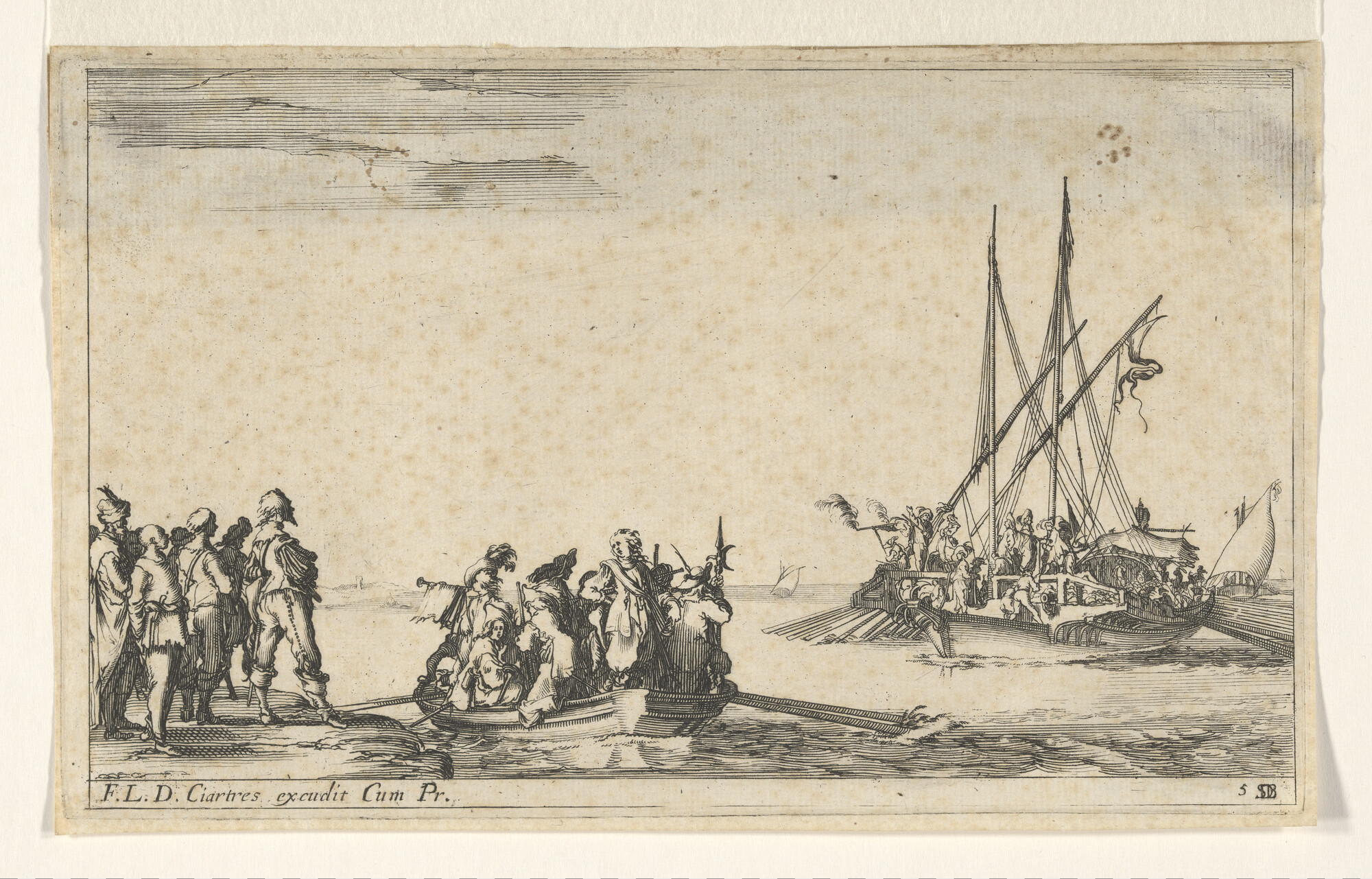 A.0989(01) [nr 0002]; Scheepvaart op een rede: met rechts een oorlogsgalei; prent