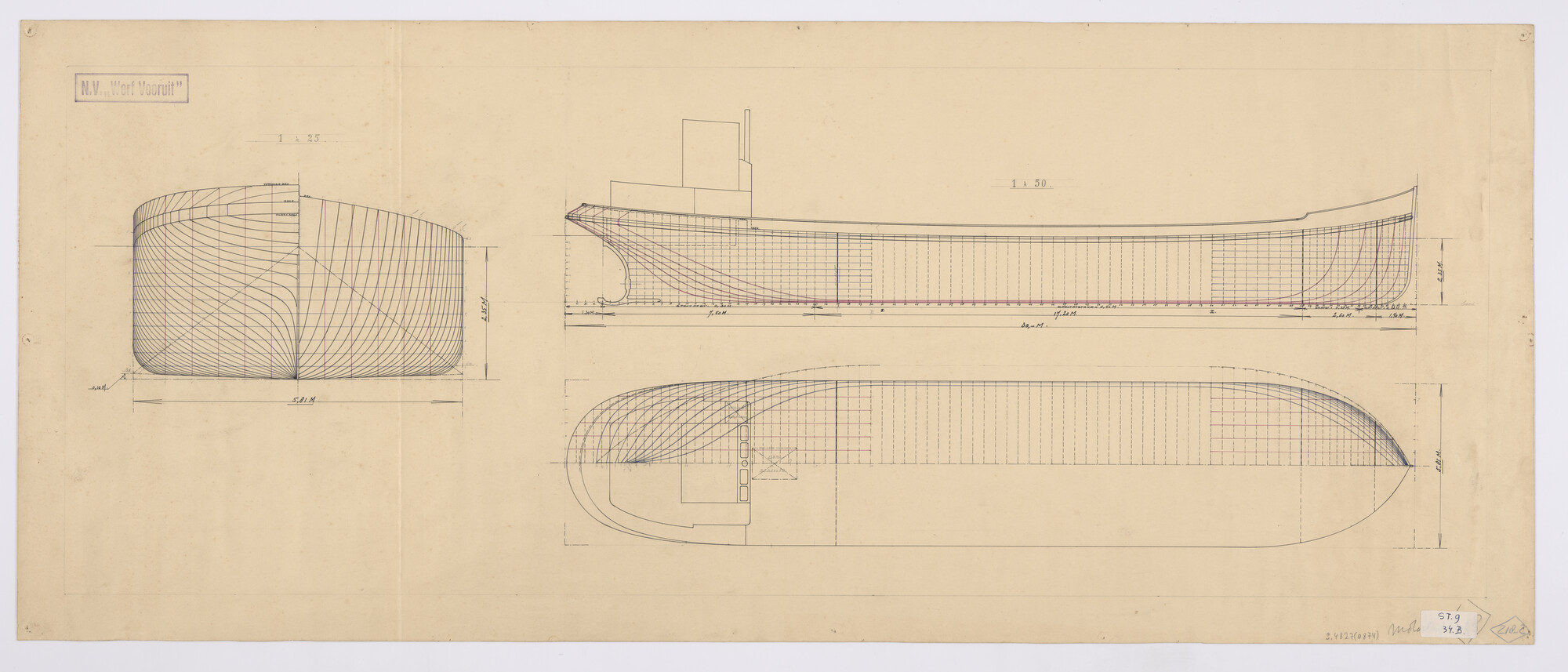 S.4827(0874); Lijnenplan van een motorvrachtboot; technische tekening