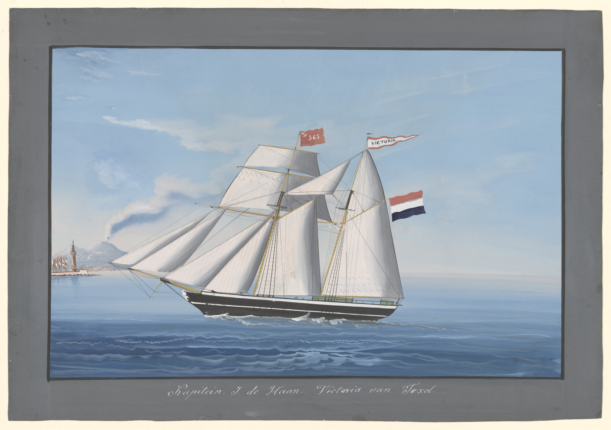 S.6541(01) [nr 0002]; Het schoenerbrikschip 'Victoria' in de baai van Napels; tekening