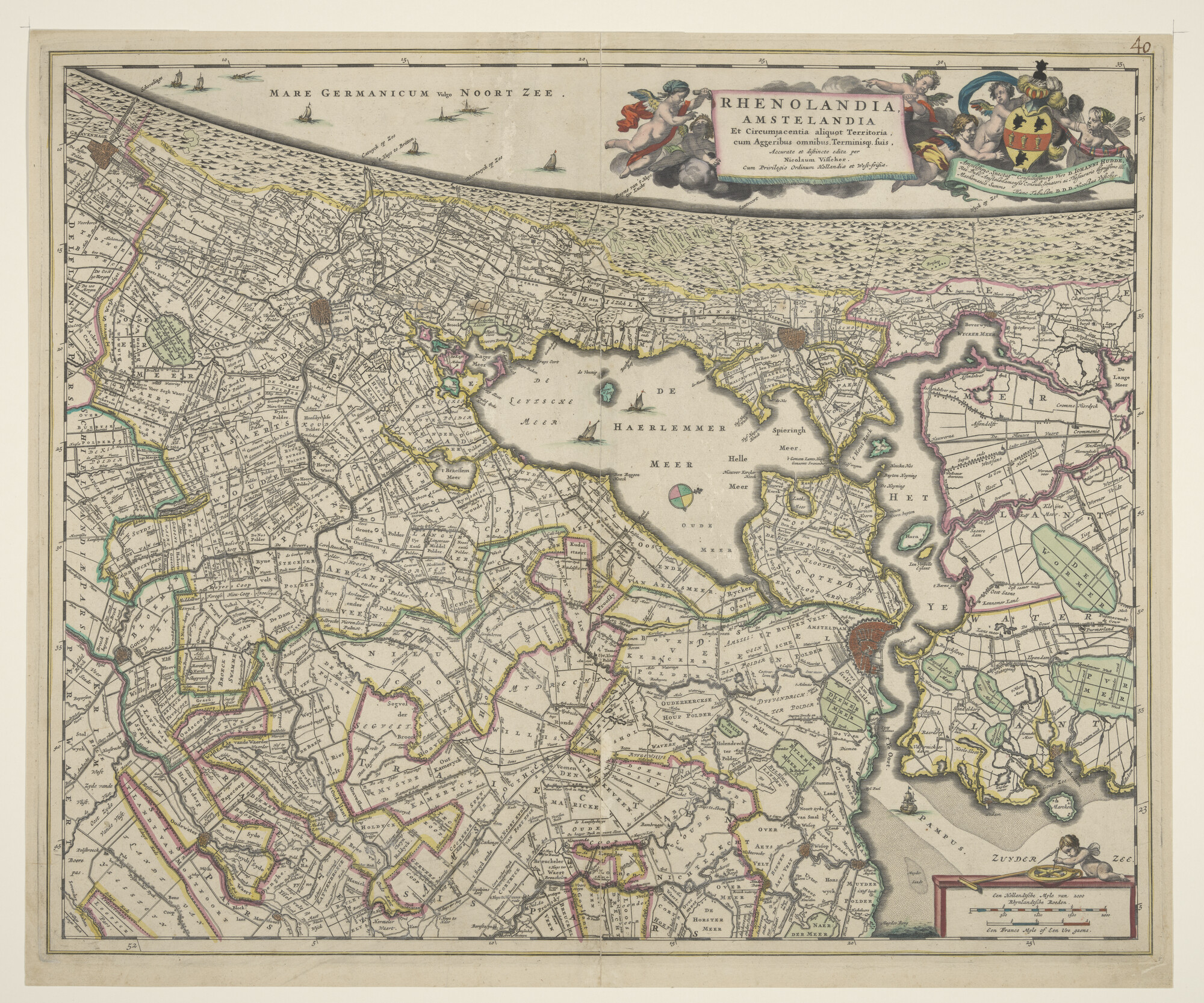 A.3845(01)010; Met de hand gekleurde kaart van Rijnland, Amstelland, de Haarlemmermeer en omgeving door Nicolaas Visscher, Amsterdam, circa 1698; landkaart