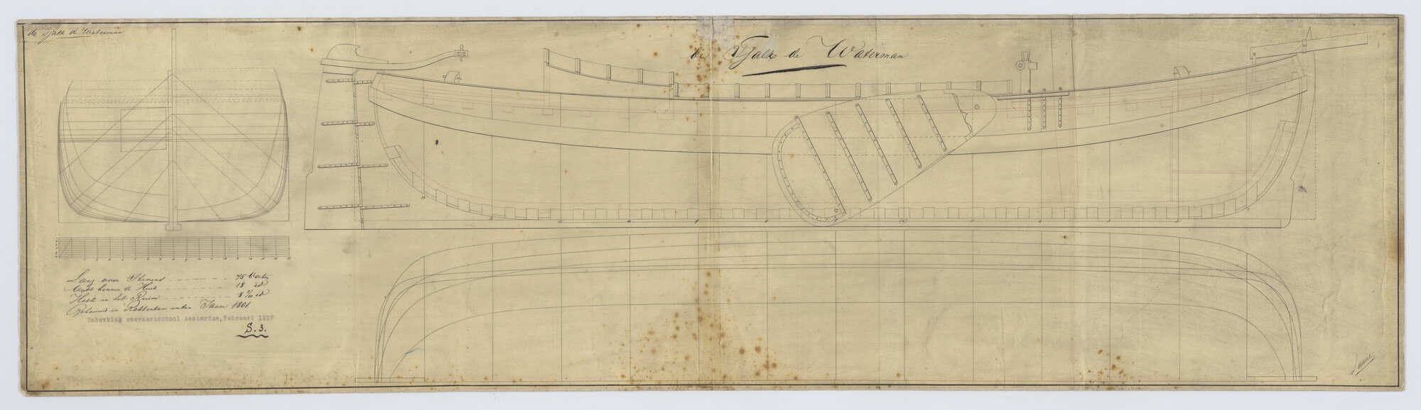 S.0003(05)005; Lijnenplannen van de tjalk 'Waterman'; technische tekening