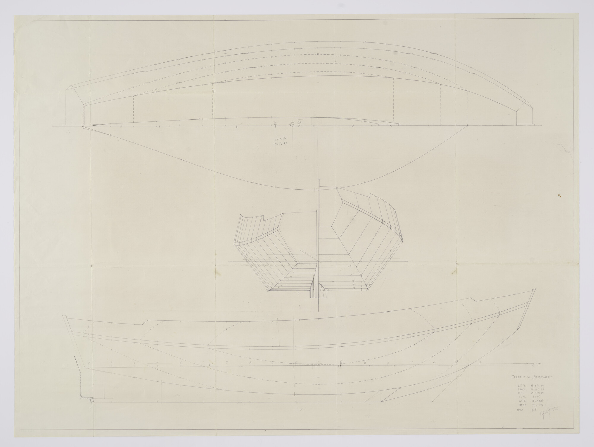 2012.0311; Lijnenplan van de zeeschouw Bestevaer van 8.14 m, over de stevens; technische tekening