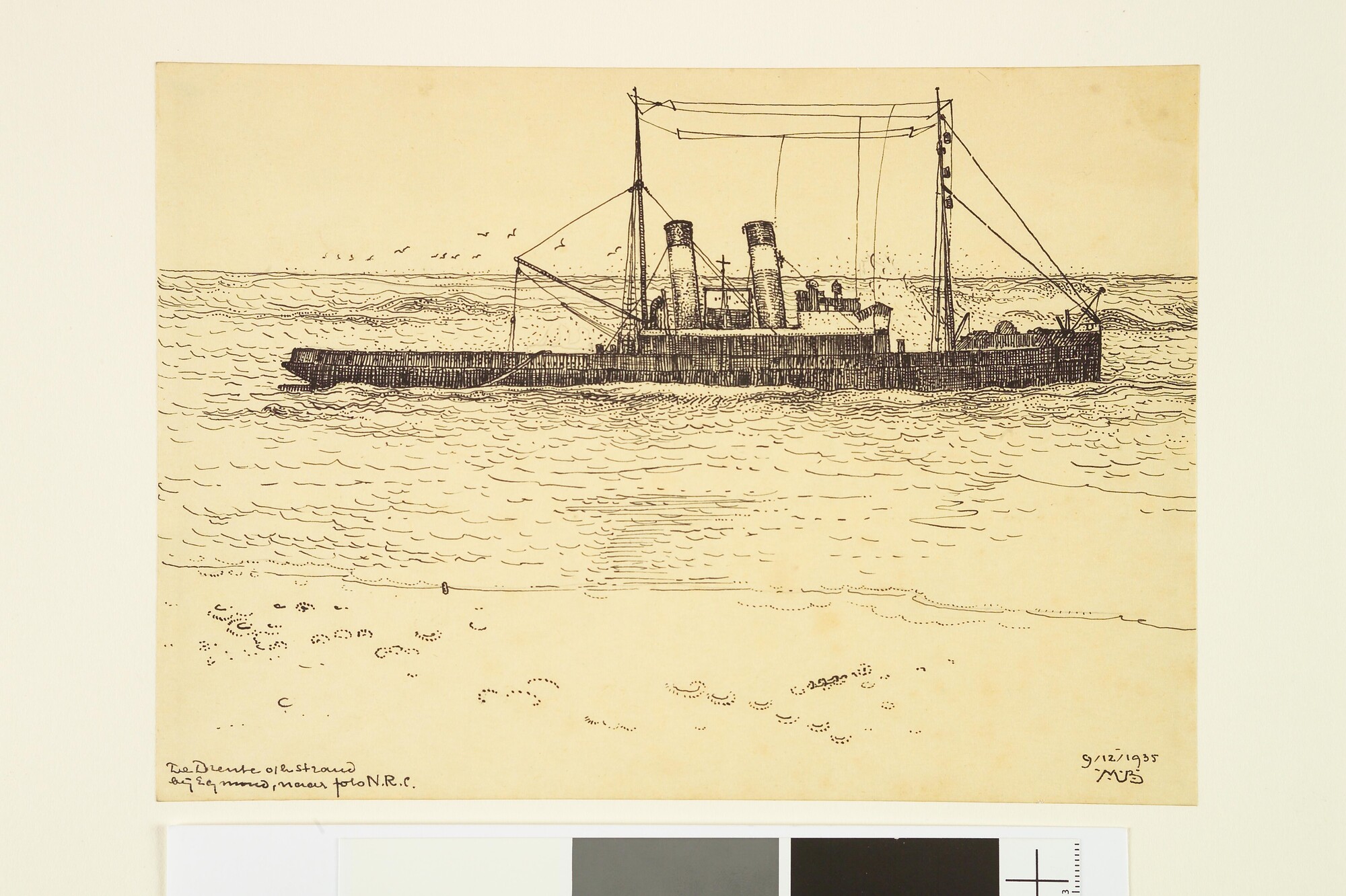 S.4364(16); De sleepboot Drenthe op het strand bij Egmond; tekening