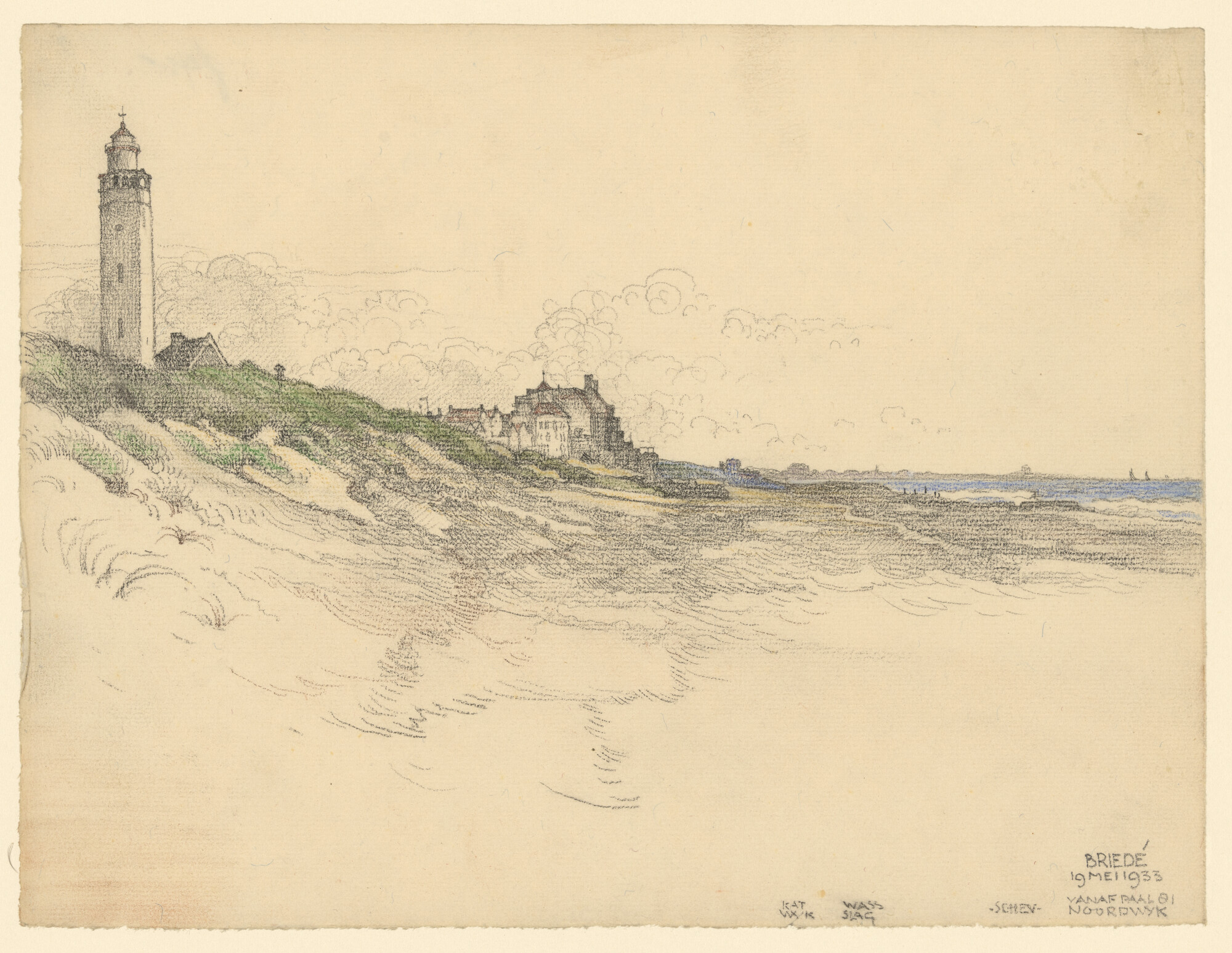 A.4894(07); Het strand en de vuurtoren te Noordwijk aan Zee; tekening
