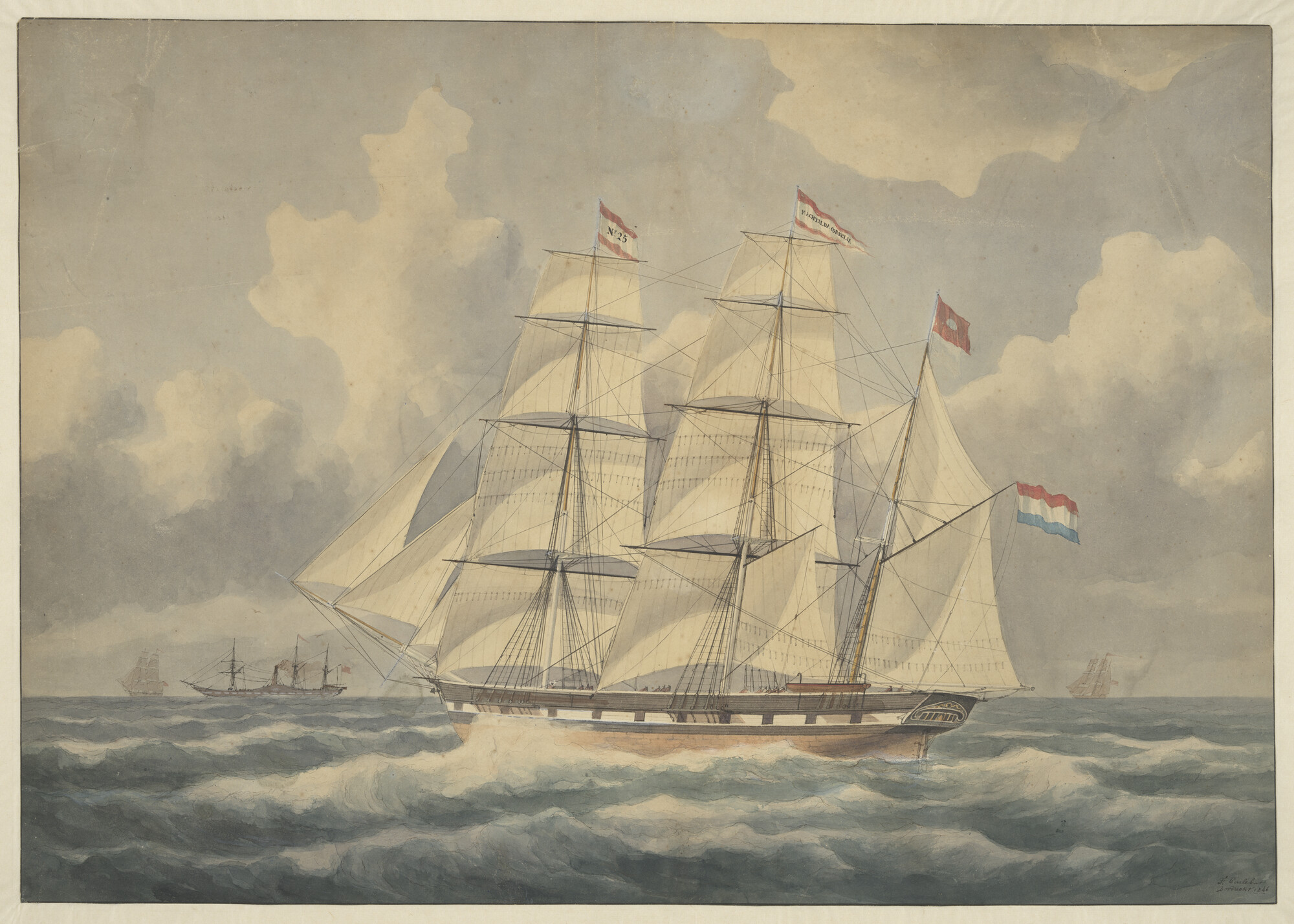 A.2557(02); Het barkschip 'Machtilda Cornelia' op zee; tekening