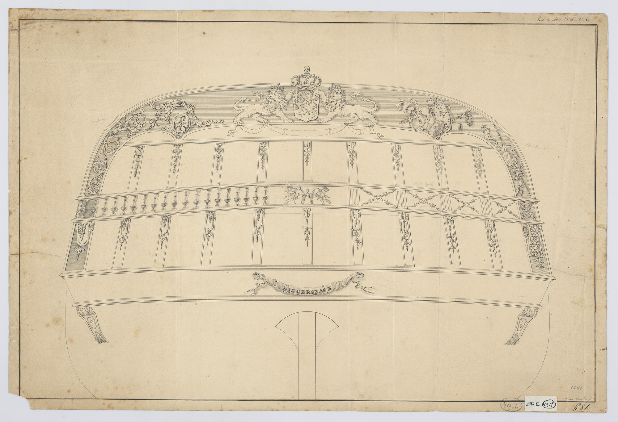 S.1214(0289); Spiegel van het fregat 'Doggersbank'; technische tekening
