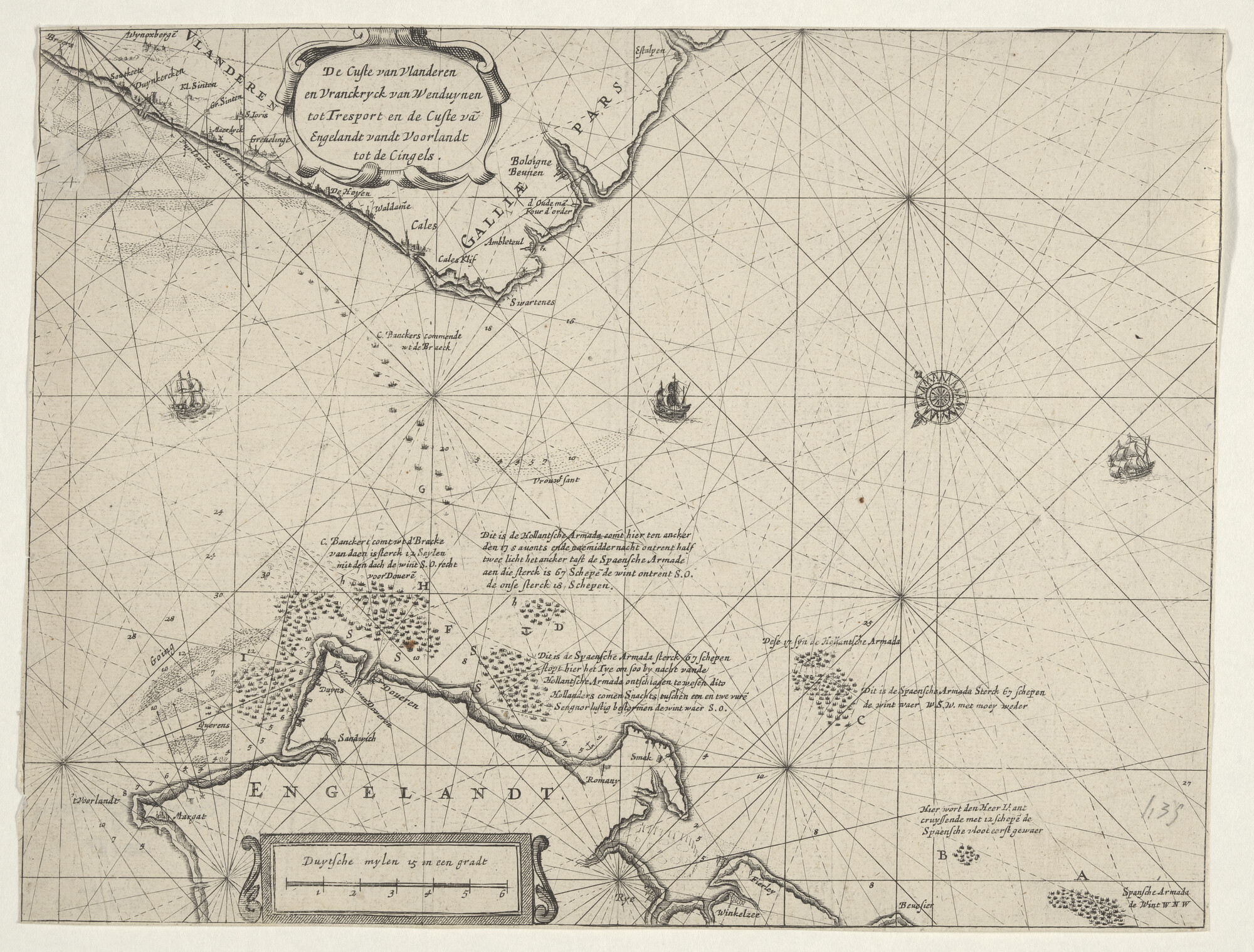 A.0145(027)401; Kaart van de zeeslag bij Duins, met de posities der Spaanse en Hollandse vloot; prent