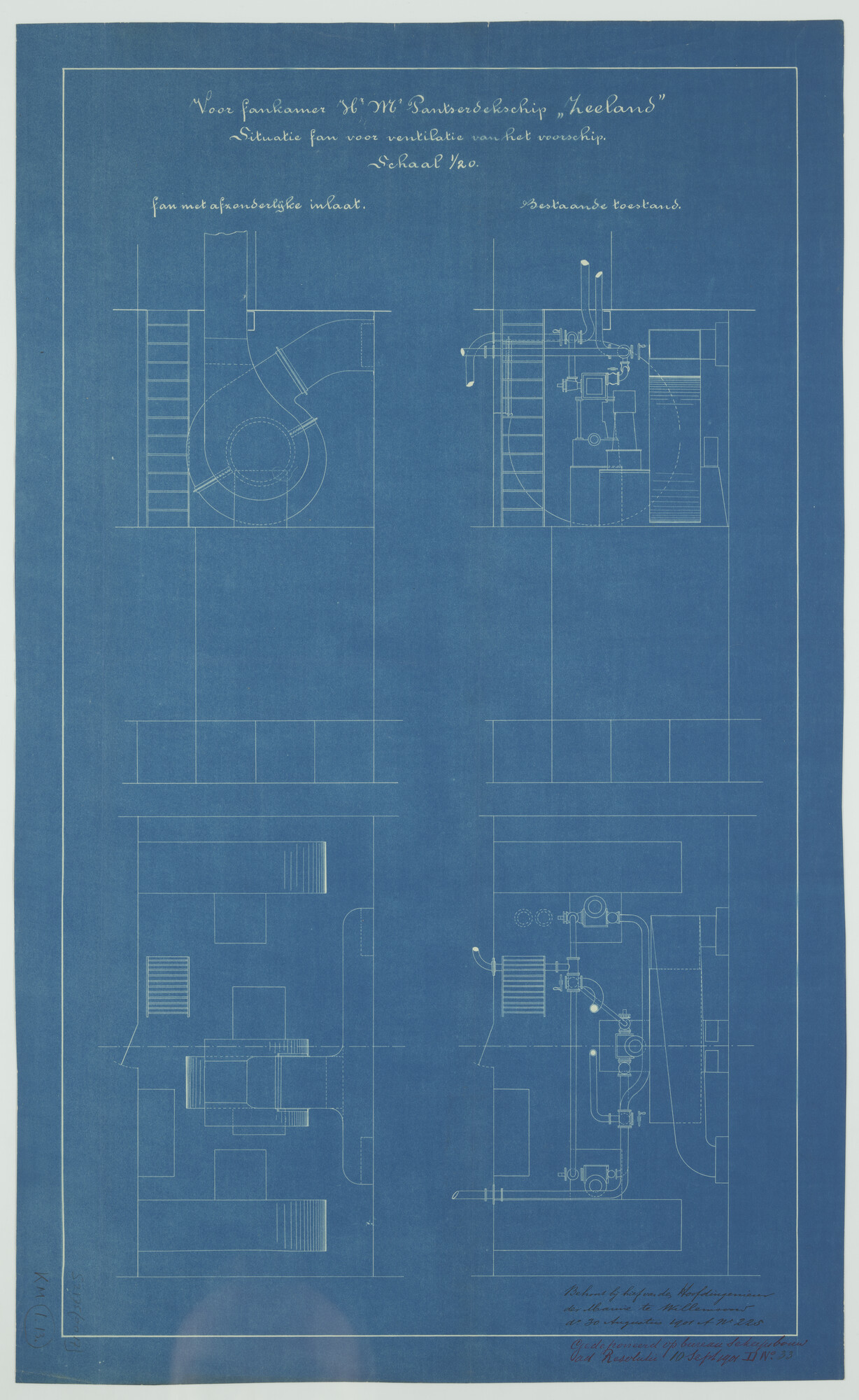 S.2175(0017); Luchtventilatie (fankamers) in het voorschip van het pantserdekschip Hr.Ms. Zeeland; technische tekening