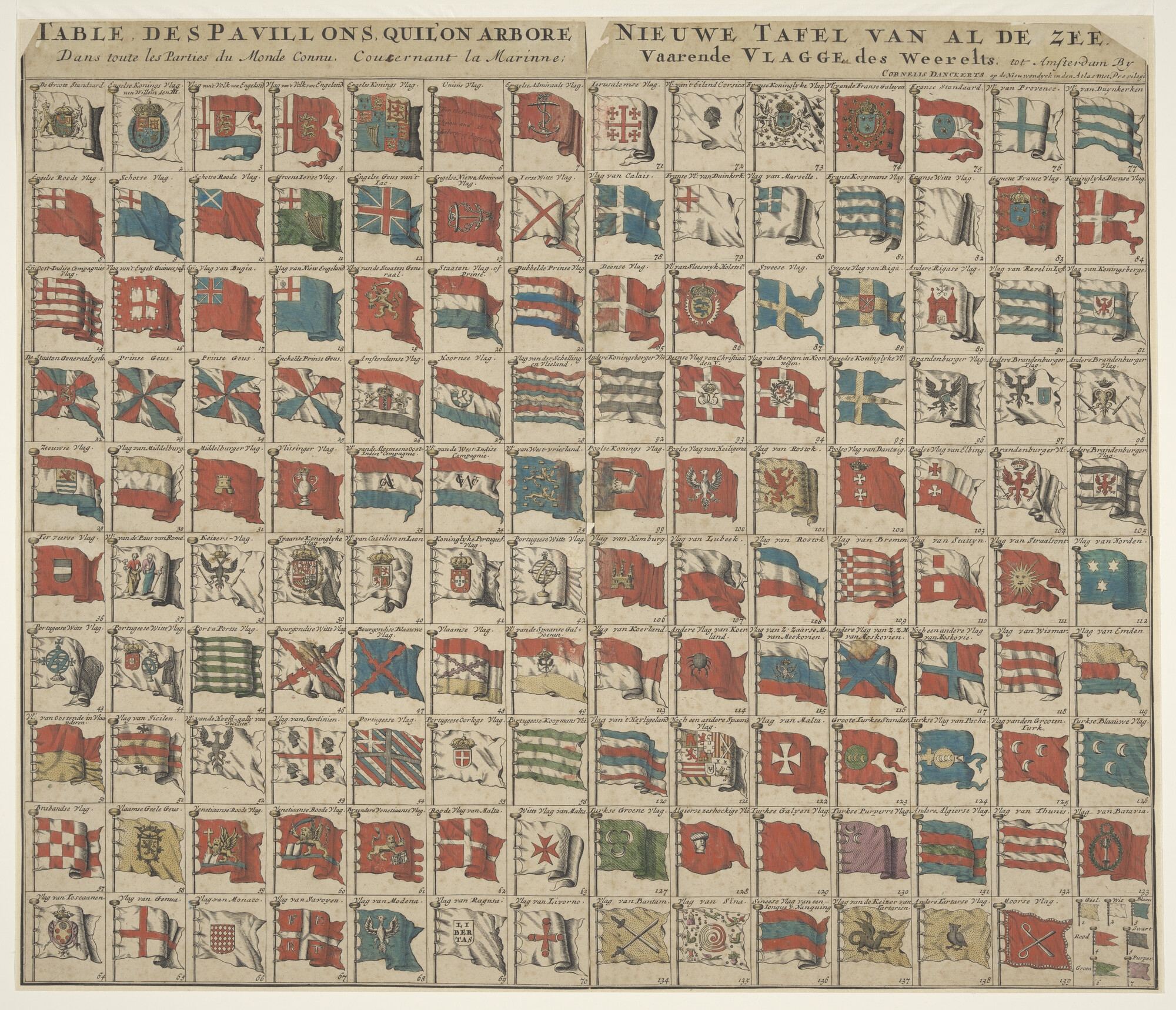 A.0149(0358); Vlaggenkaart met 139 genummerde vlaggen van zeevarende naties; prent