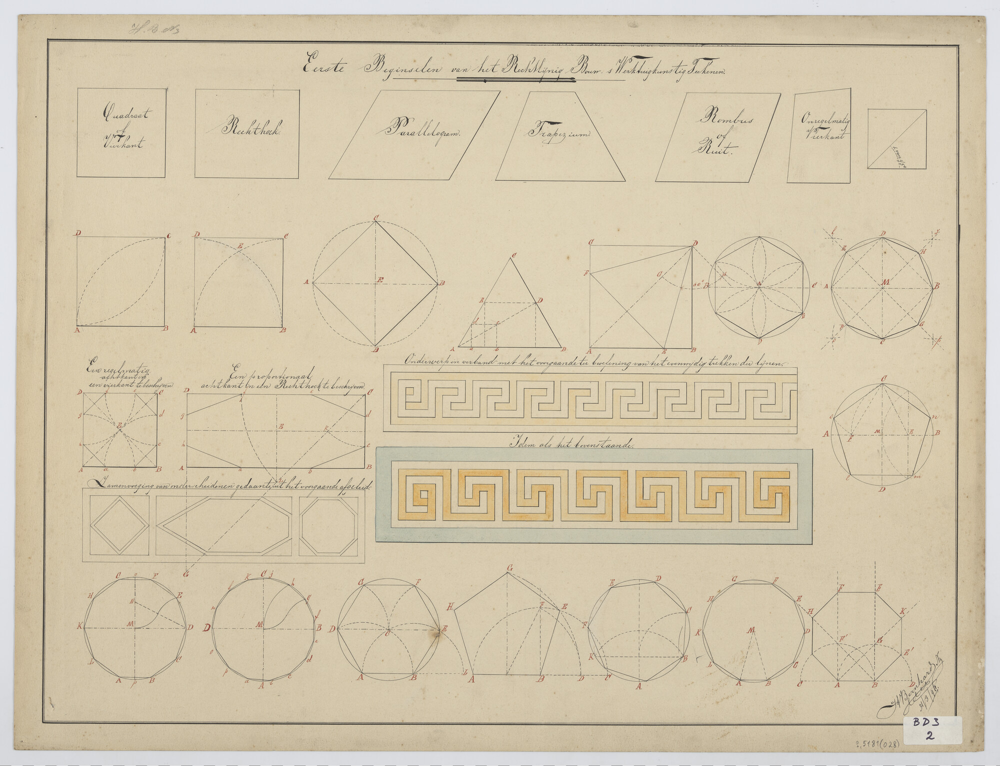 S.5181(028); Inleiding in de eerste beginselen rechtlijnig, bouwkunstig- en werktuigbouwkunstig tekenen: vlakken, segmenten, koorden, cirkels en spiraal; technische tekening