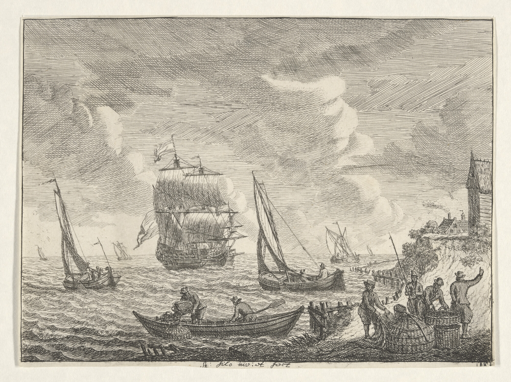 A.1300(01)6; Schipbreuk op de kust; prent