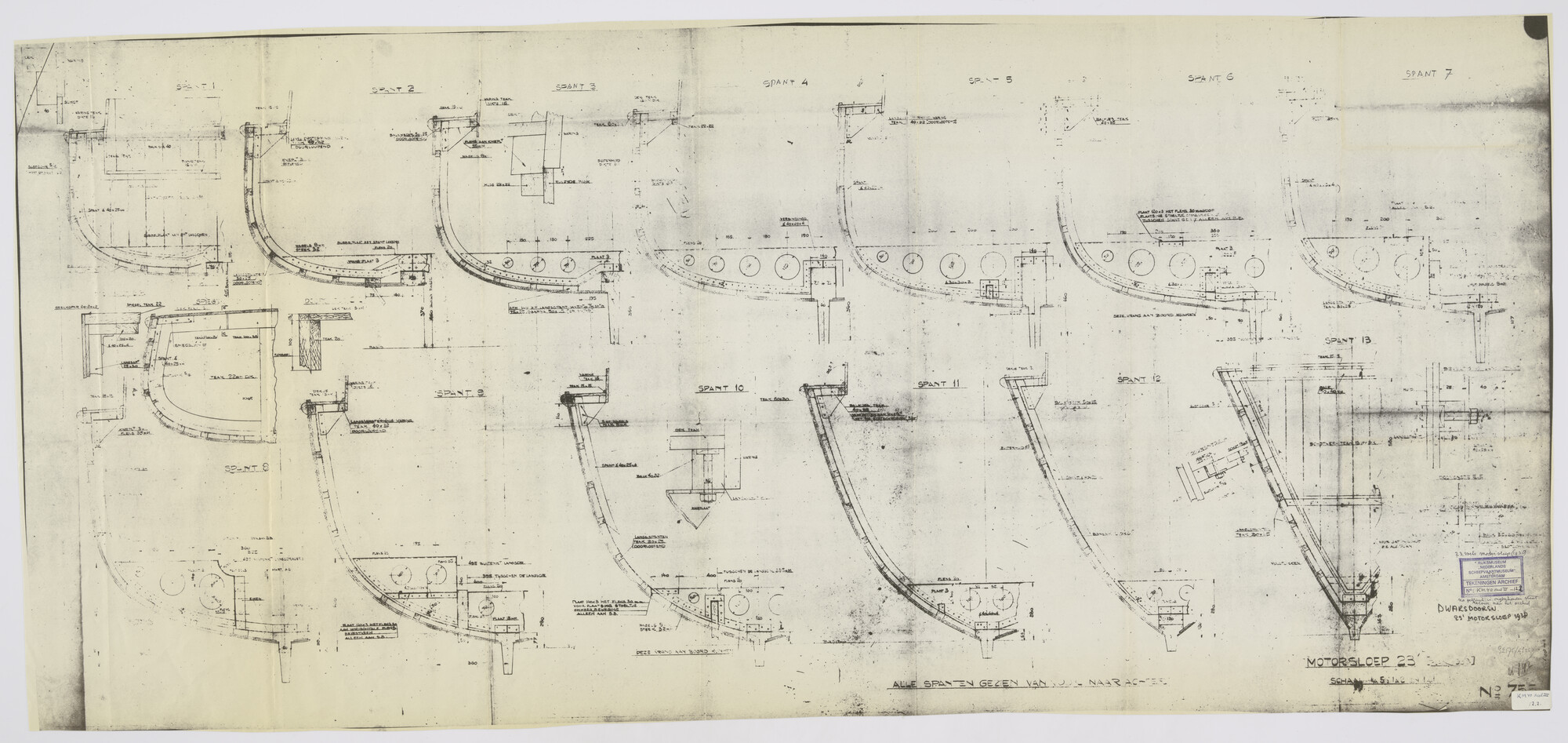 S.2175(5225); Diverse dwarsdoorsneden over de spanten van een 23' = 7.46 M. lange teakhouten motorsloep (1938) voor kanonneerboten K 1; K 2 en K3 (Hr.Ms. 'Van Speyk'); technische tekening