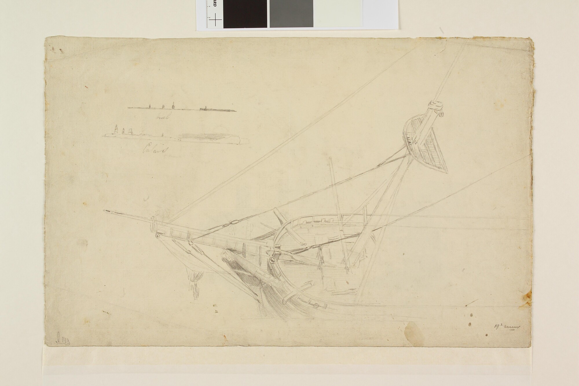A.0149(0440); Schetsblad met o.m. een zeilschip en landverkenningen; tekening