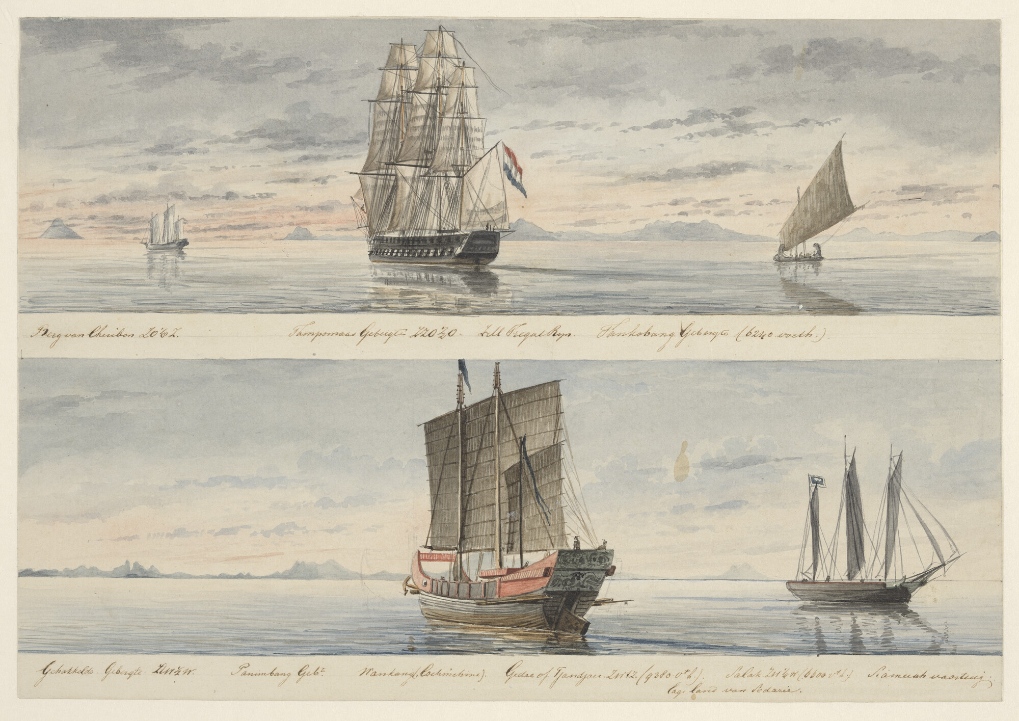 A.3504(03); Het fregat Zr.Ms. 'Rijn' voor de kust van Noord Java; tekening