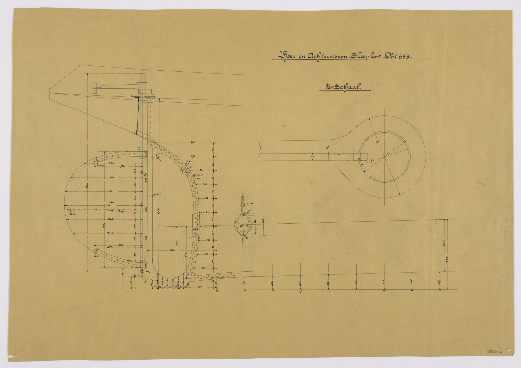 1995.2208; Achtersteven en roer van de stoomsleepboot 'Slamat'; technische tekening