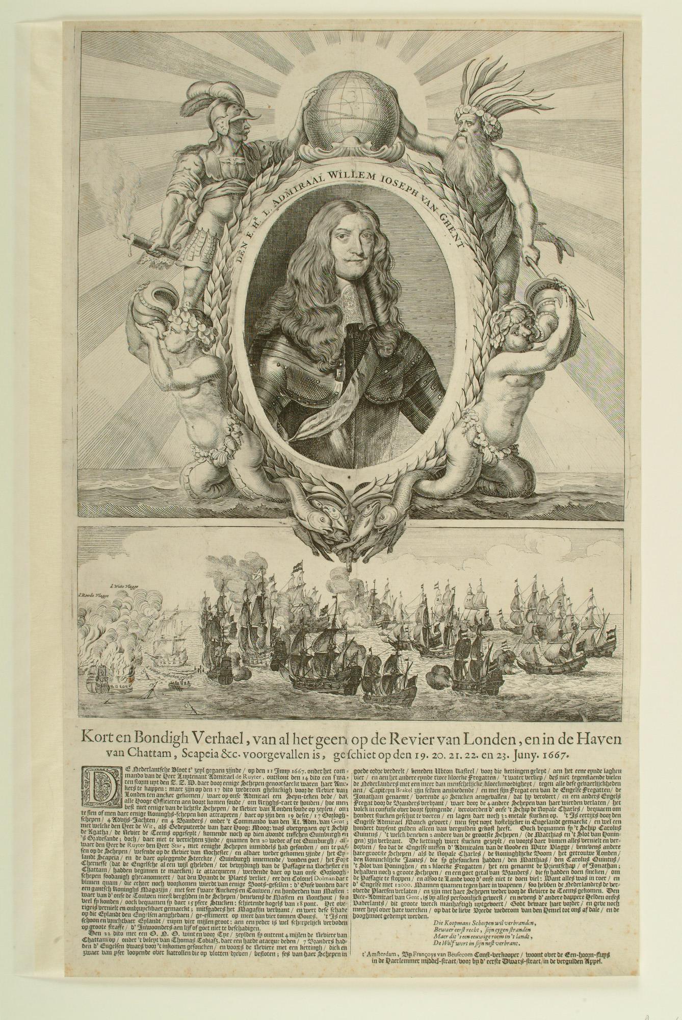 A.2203(04); Portret van Luitenant-Admiraal Willem Joseph van Ghent in cartouche met allegorische figuren; prent
