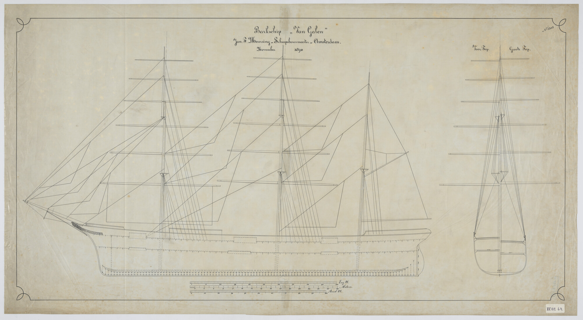 S.1156(05)0085; Tuigplan van de klipperbark Van Galen; technische tekening