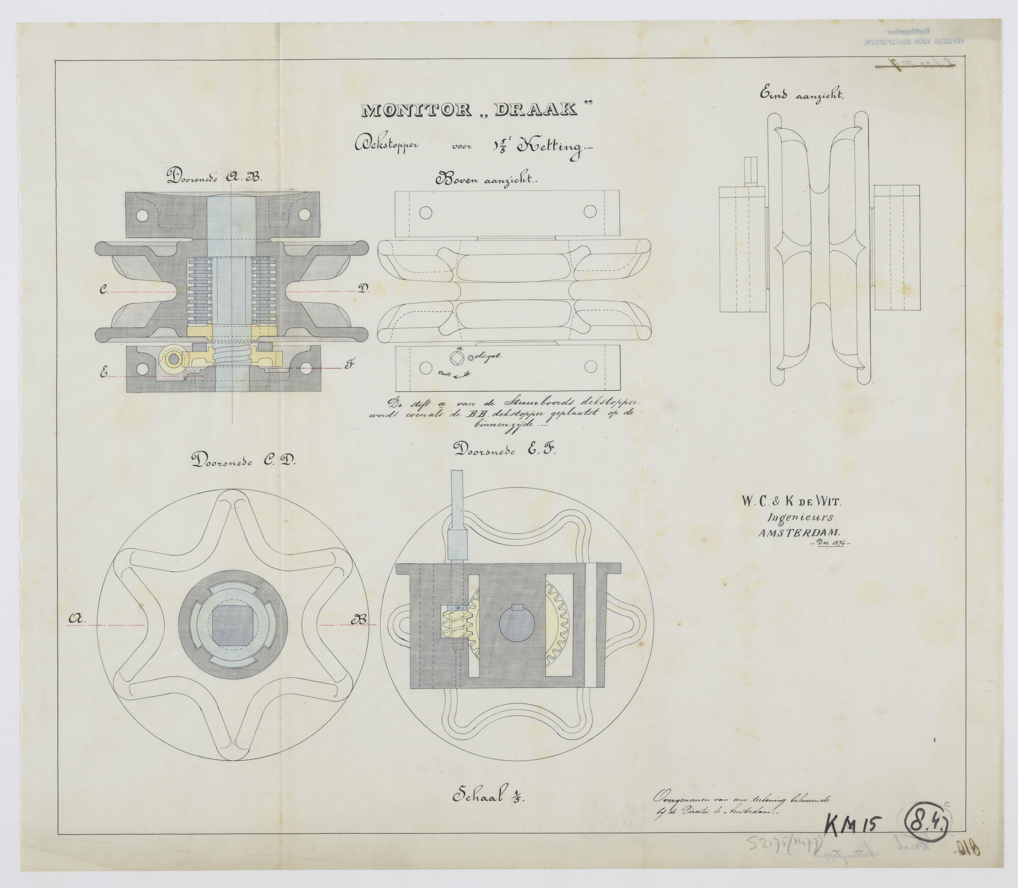 S.2175(1477); Diverse doorsneden en aanzichten van een dekstopper (kettingstopper) van de rammonitor 1ste klasse Zr.Ms. 'Draak'; technische tekening