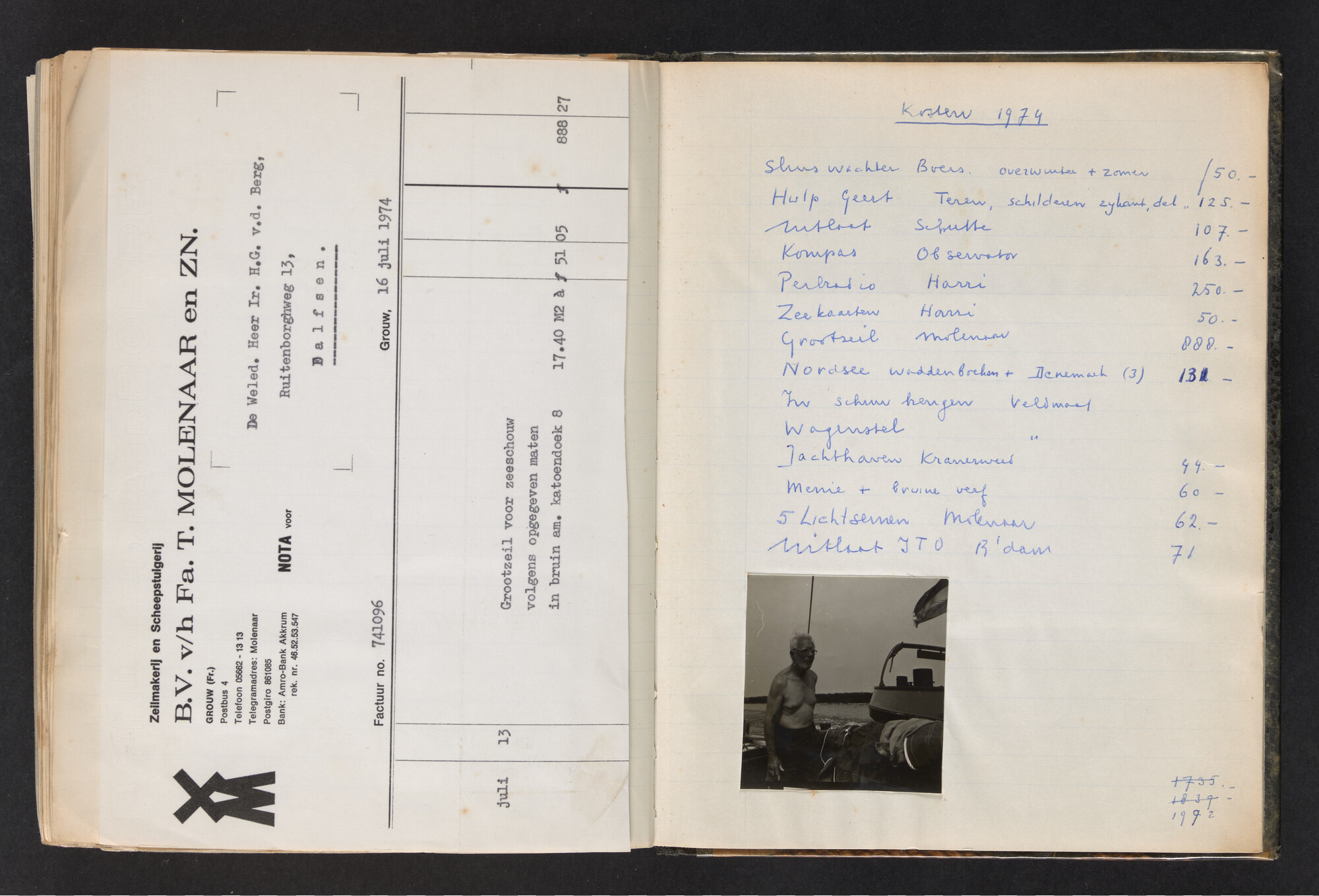 2017.0802; Logboek c.q. fotoalbum van reizen met zeeschouw Grutto (II) in Nederland, Duitsland en Denemarken, 1973-1974; logboek