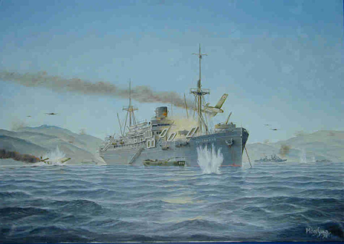A.4868; Japanse luchtaanval op het troepenschip ms. Tjisadane in de baai van Okinawa, 1945; schilderij