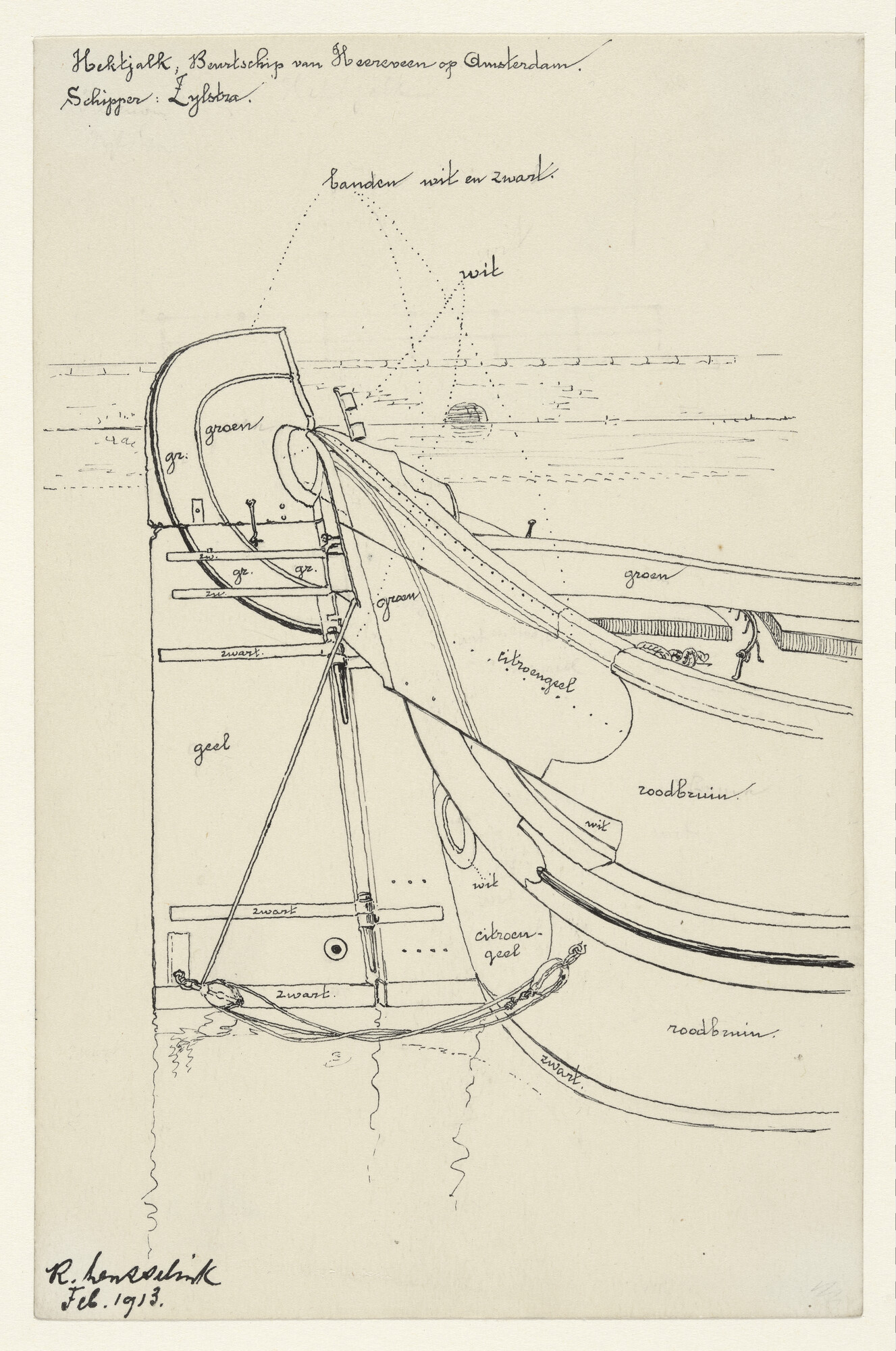 A.0038(05); Het achterschip van een hektjalk. Beurtschip van Heerenveen op Amsterdam; tekening