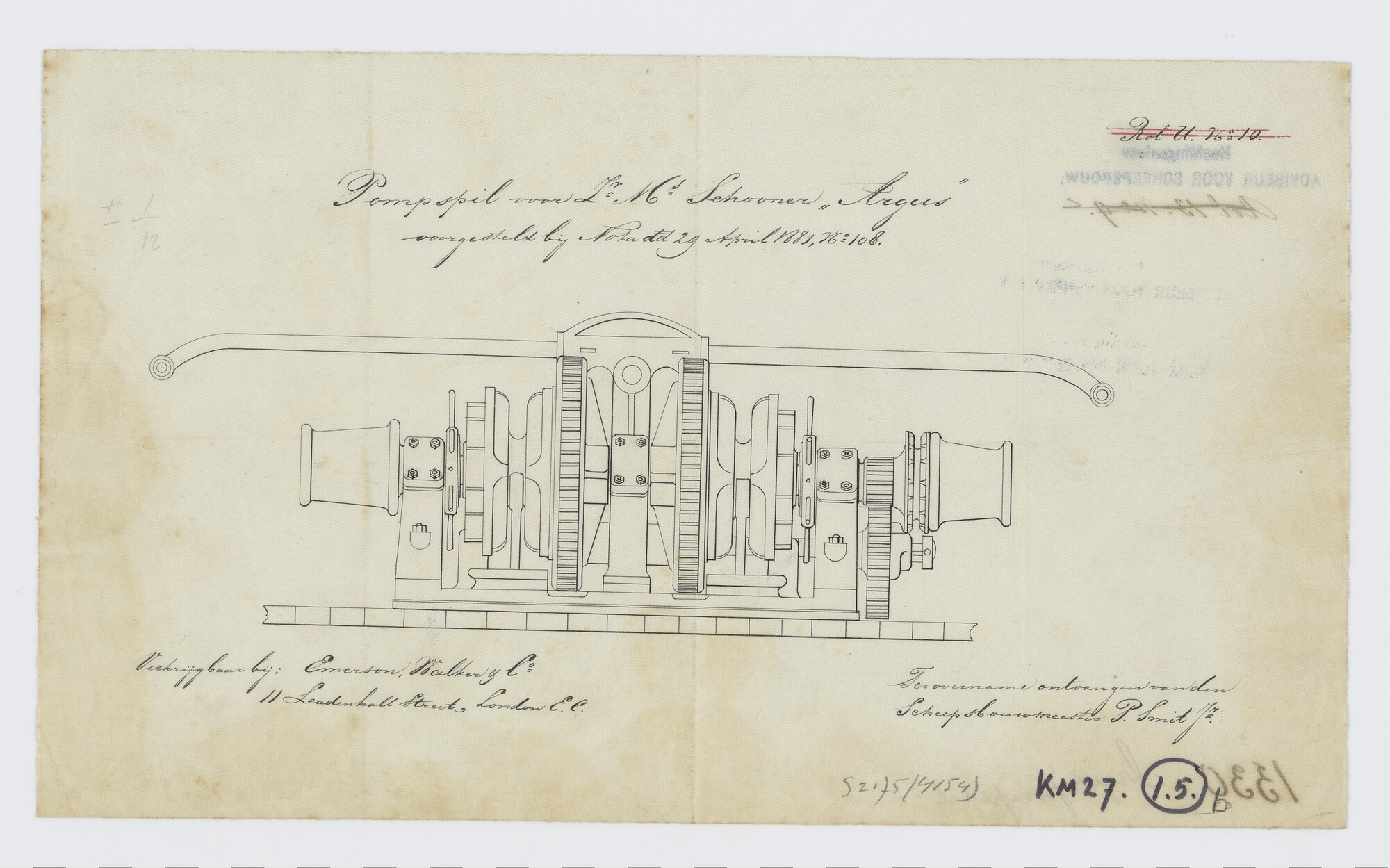 S.2175(4154); Doorsnede van de pompspil van Zr.Ms. 'Argus'; technische tekening