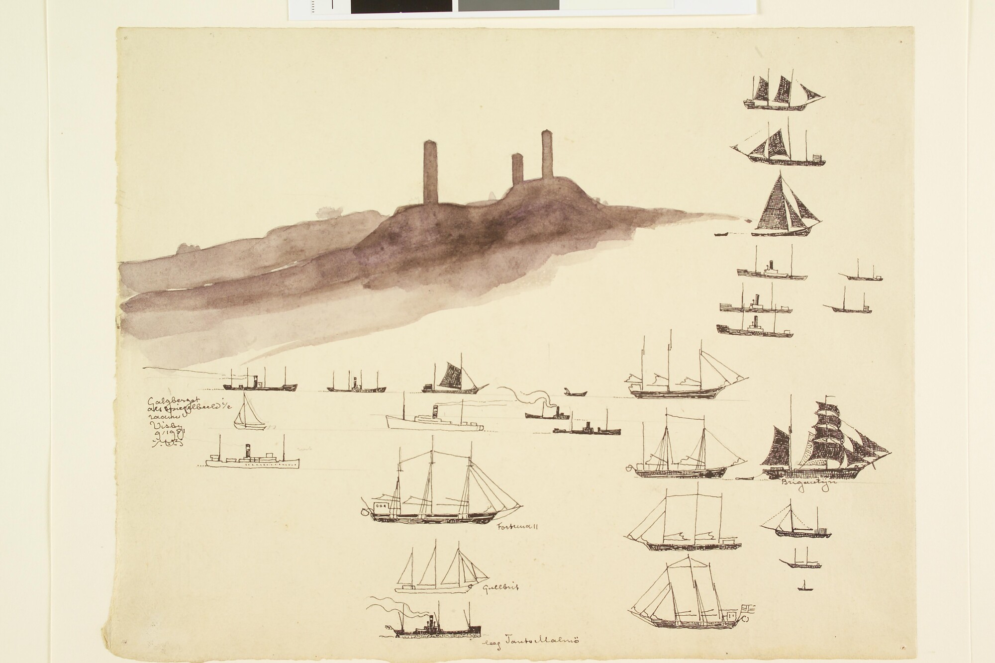 S.4364(06); 28 diverse scheepstypen en de berg Galgberget te Visby, Zweden; tekening