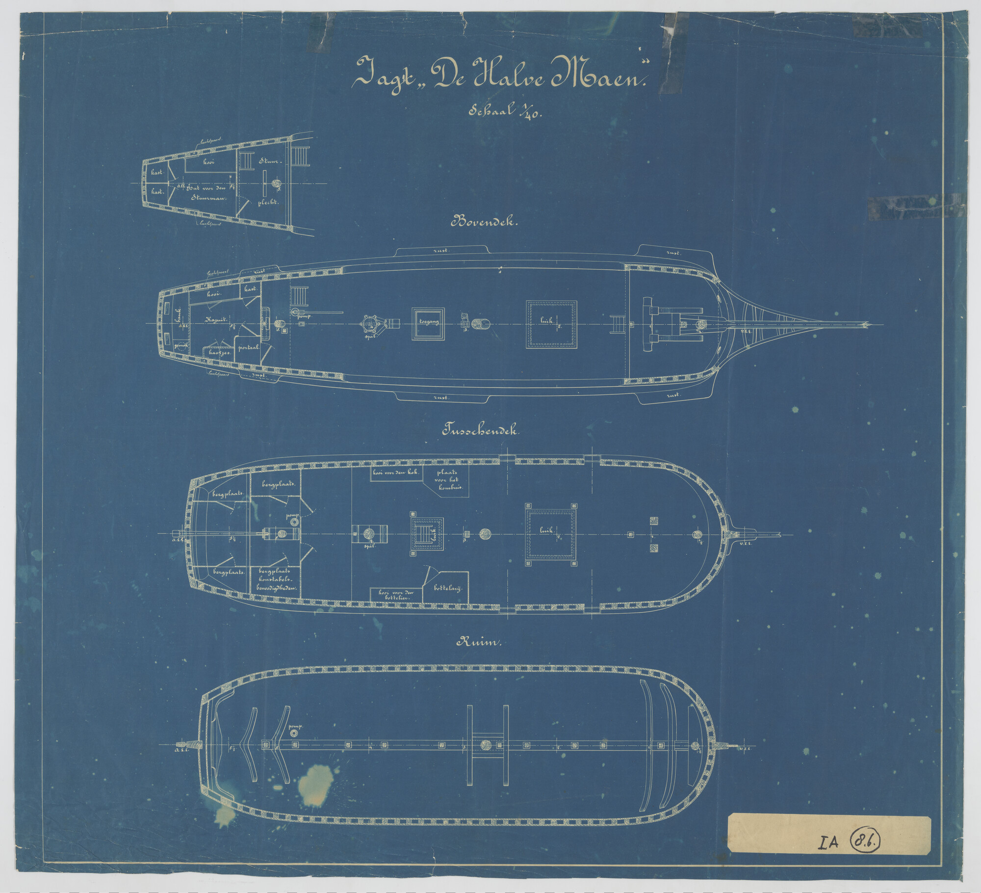 S.2112(05a)07; Dekplan van de replica van het jacht  'Halve Maen'; technische tekening