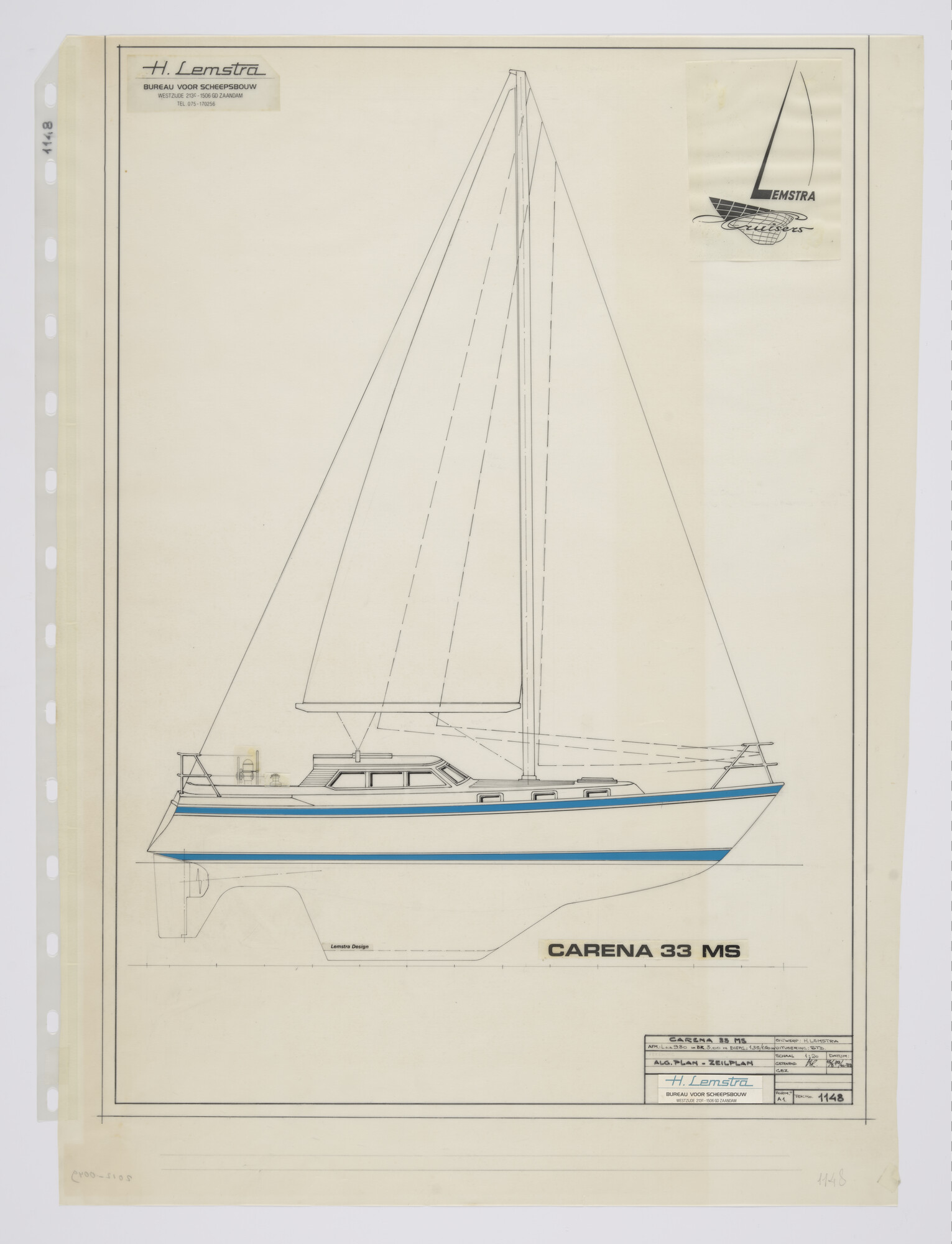 2012.0049; Zijaanzicht met zeilplan van een Carena 33' motorsailer van 9.80 meter; technische tekening