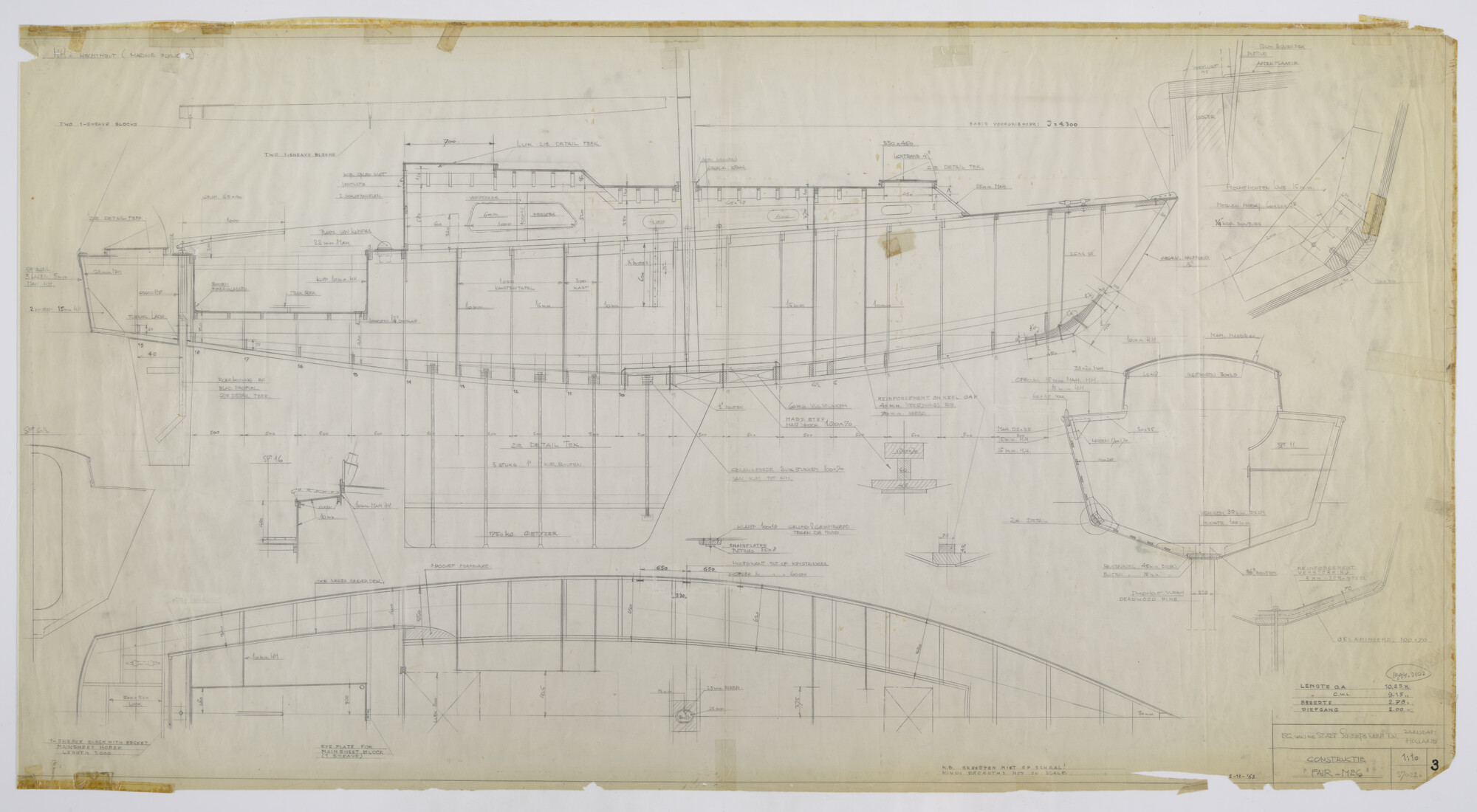 1994.2102; Constructieplan knikspantjacht 'Fair Meg'; technische tekening
