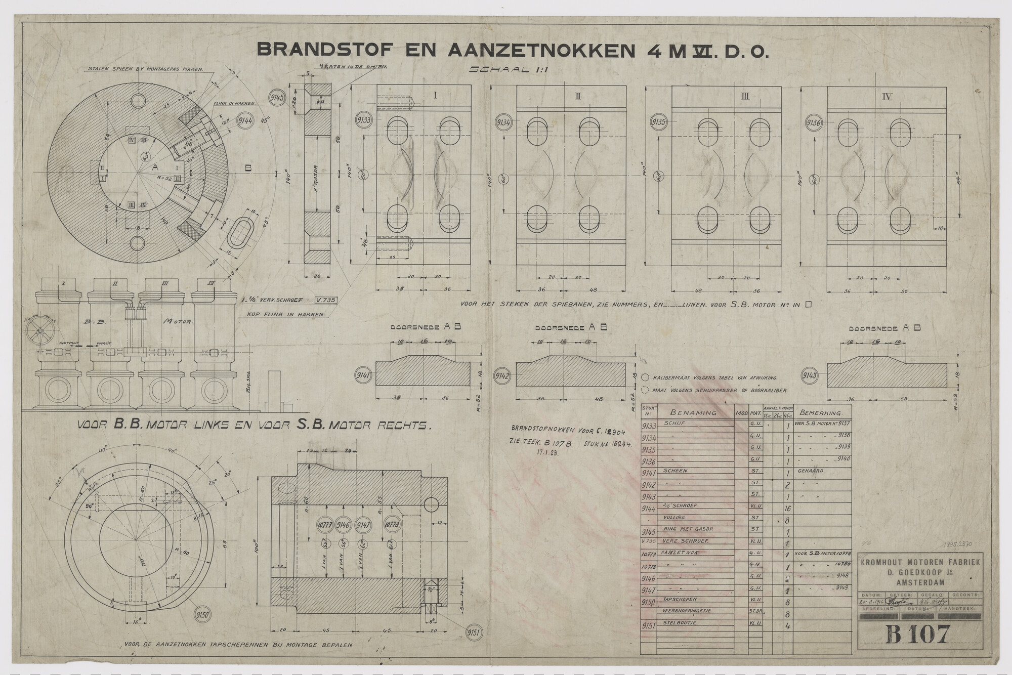 1995.2370; Brandstof- en aanzetnokken van Kromhoutmotor 4M6DO; technische tekening