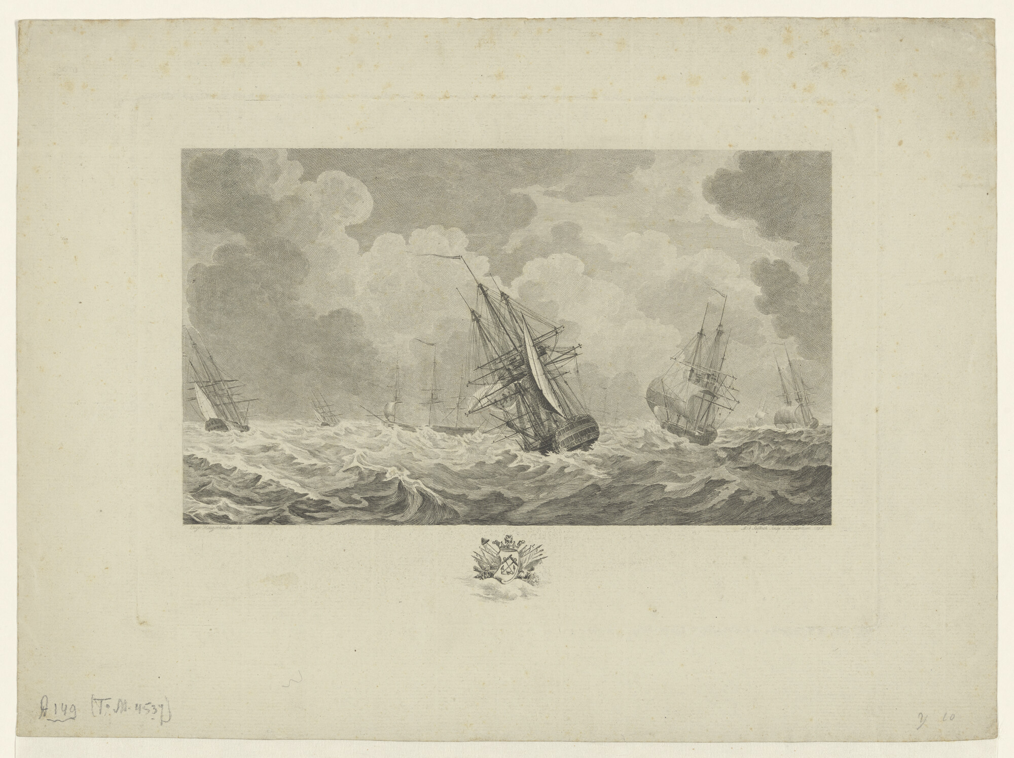 A.0149(0688); Gezicht van acht 's Lands schepen in een storm; prent