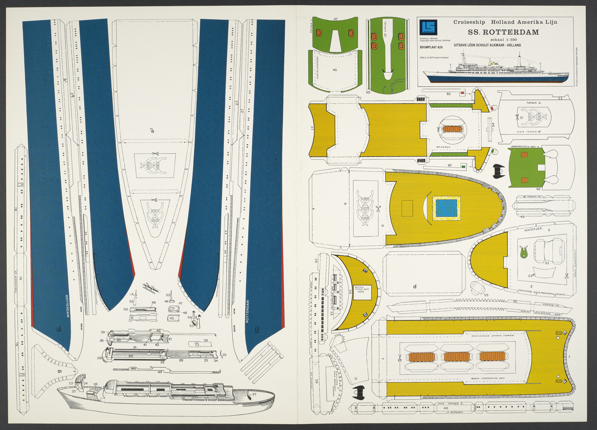 2018.0632; Bouwplaat voor een papieren model van ss. Rotterdam van de Holland-Amerika Lijn; bouwplaat