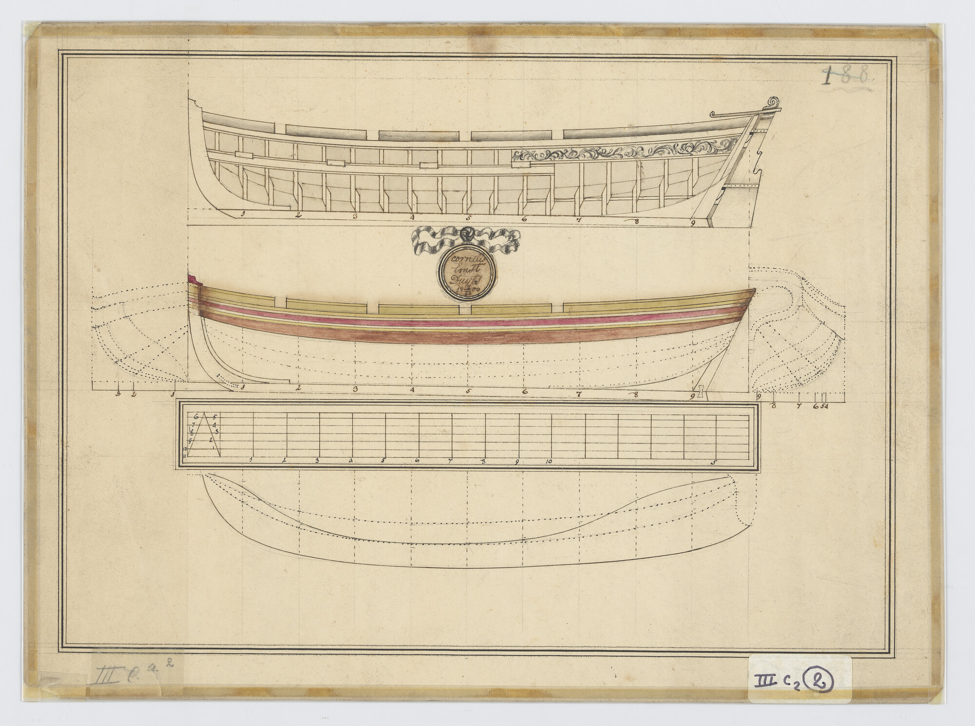 S.0188(23)12; Lijnenplan van een achtriems sloep; technische tekening
