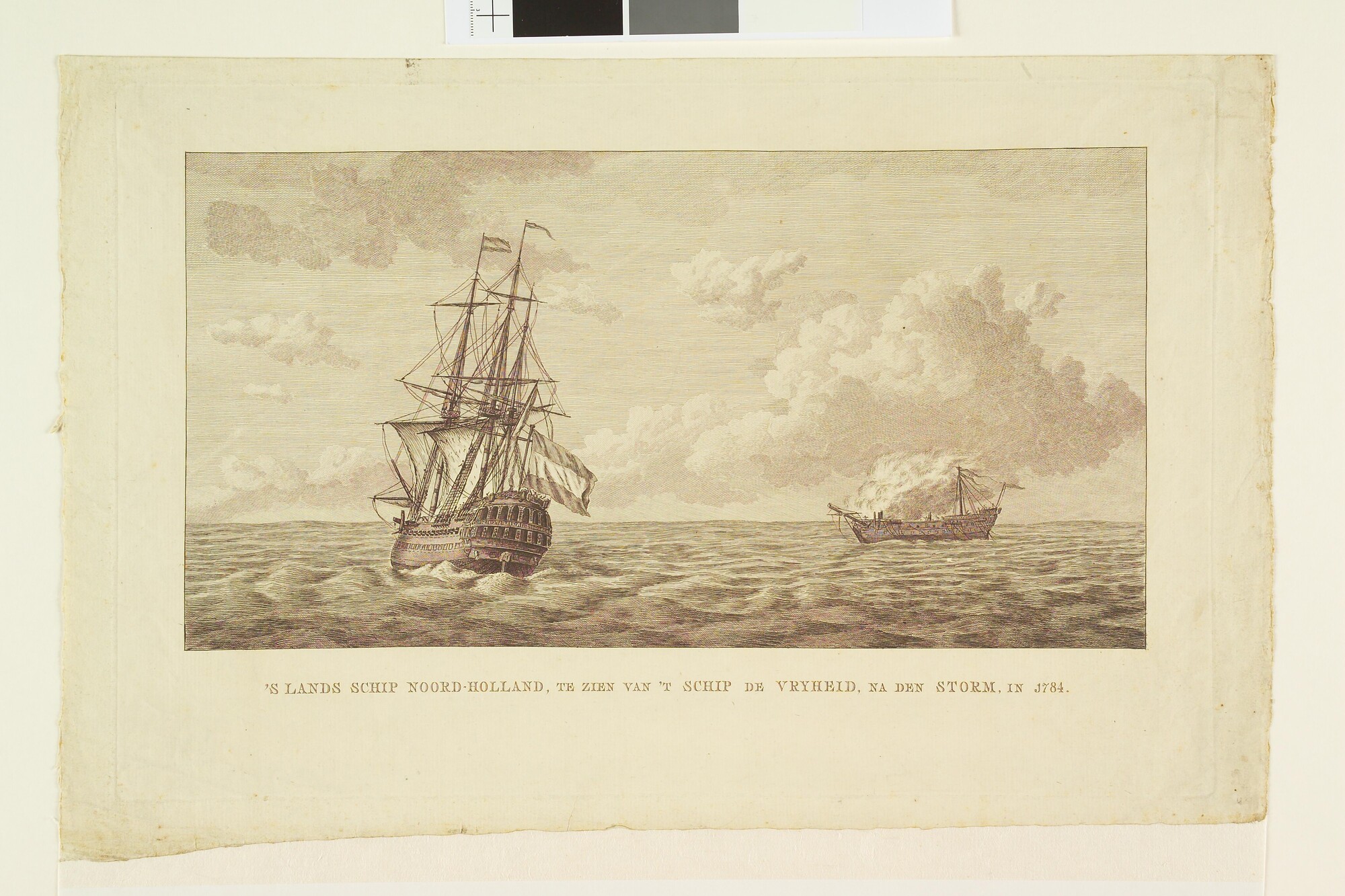 A.0149(0669); Het oorlogsschip 'Noord-Holland', na de storm in 1784; prent