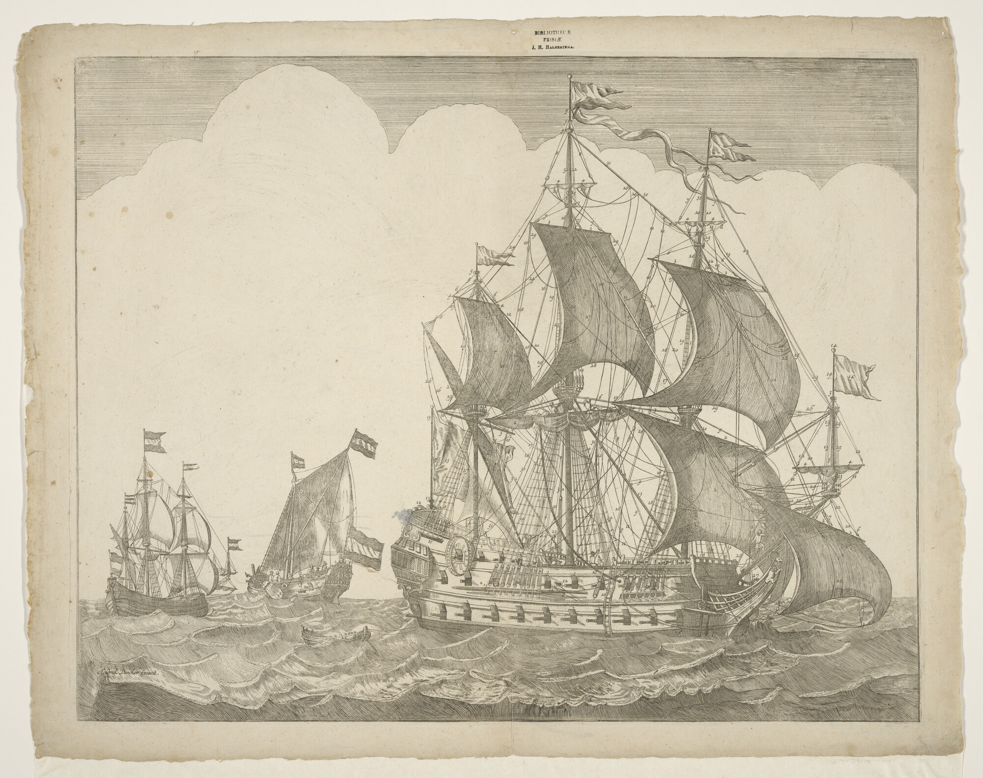 S.2902(02)b; Hollands oorlogsschip van zestig stukken gezien van stuurboord; prent