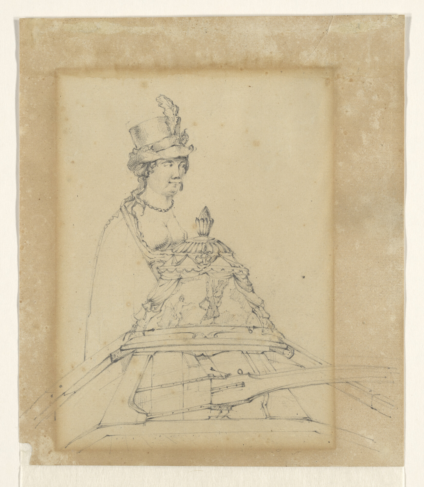 A.0149(0405)1; De achtersteven van een binnenschip, gezien naar het roer met een hakkebord met het verhaal van Absalom; tekening